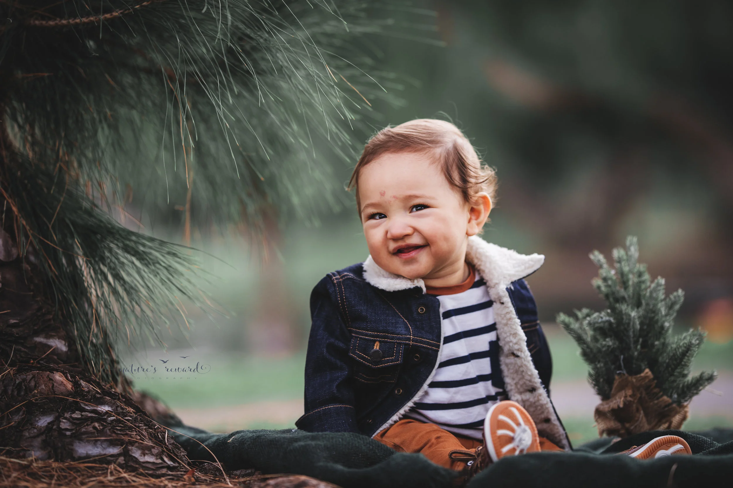 Baby boy in tans and blues in a portrait by Nature’s reward Photography