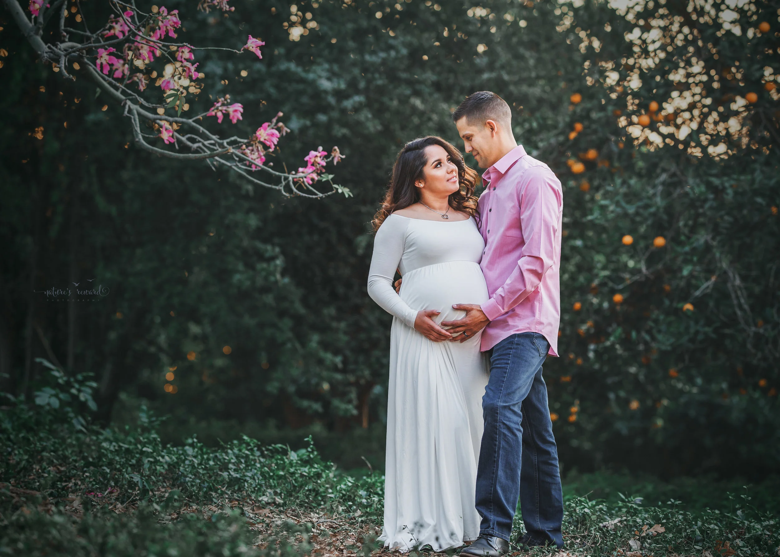 Gorgeous Maternity session in a white maternity gown in Redlands, ca park by San Bernardino photographer- Nature’s Reward Photography