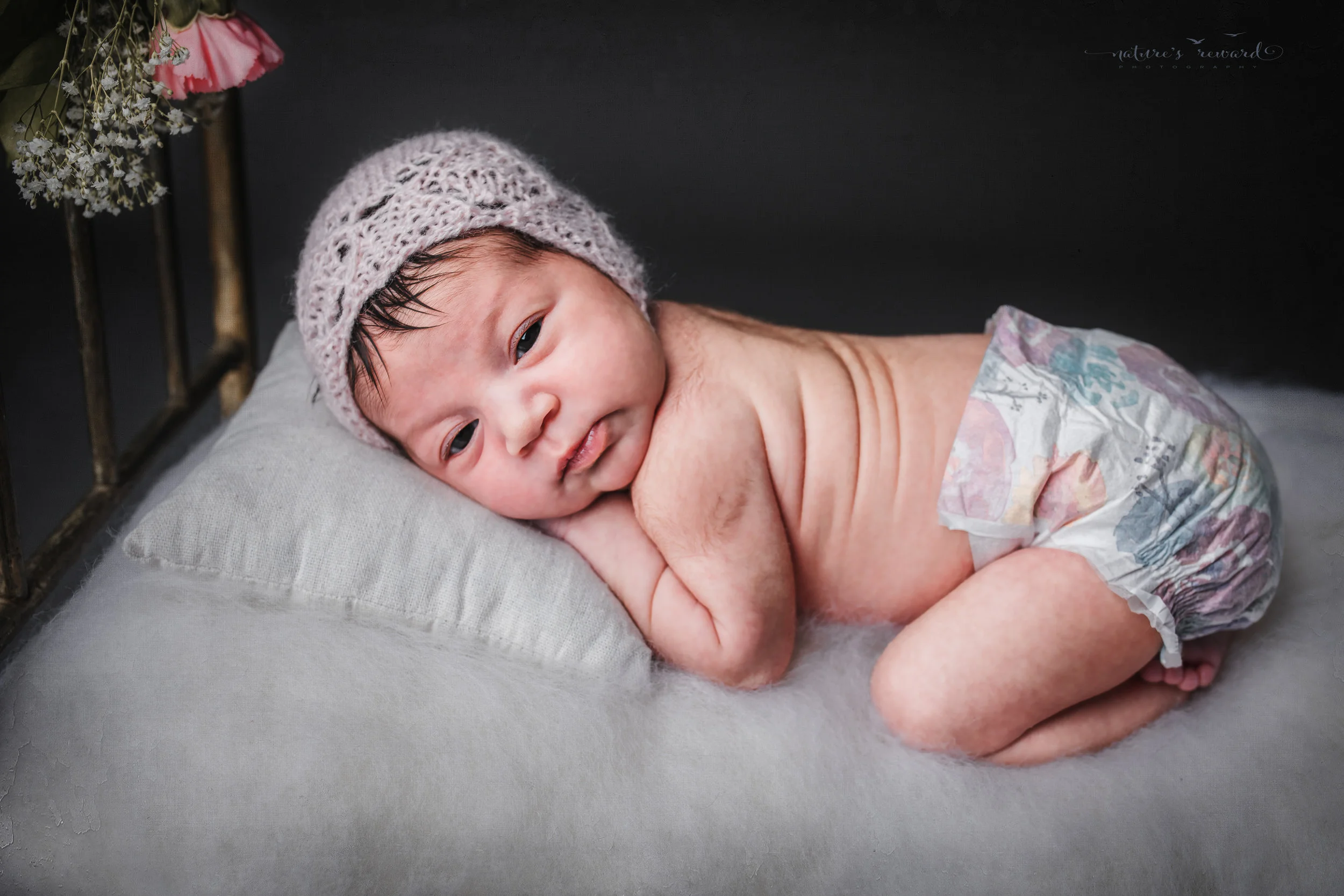 Newborn baby girl laying in a baby bed wearing pink, a portrait by Nature’s Reward Photography