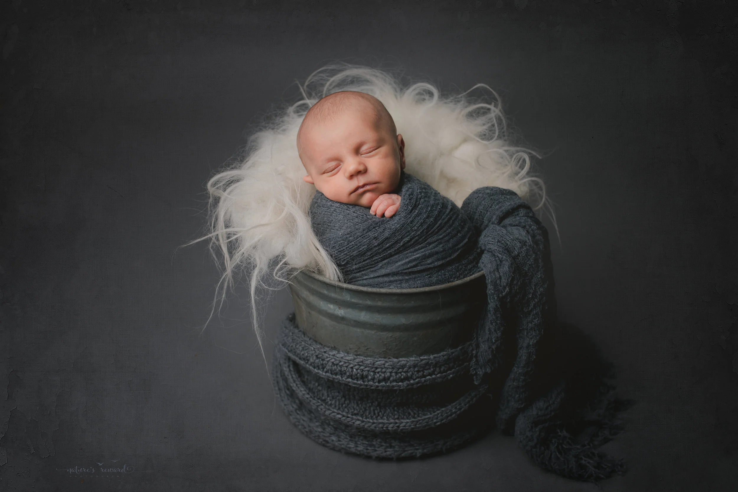 A baby boy in a bucket - a portrait by Nature's Reward Photography
