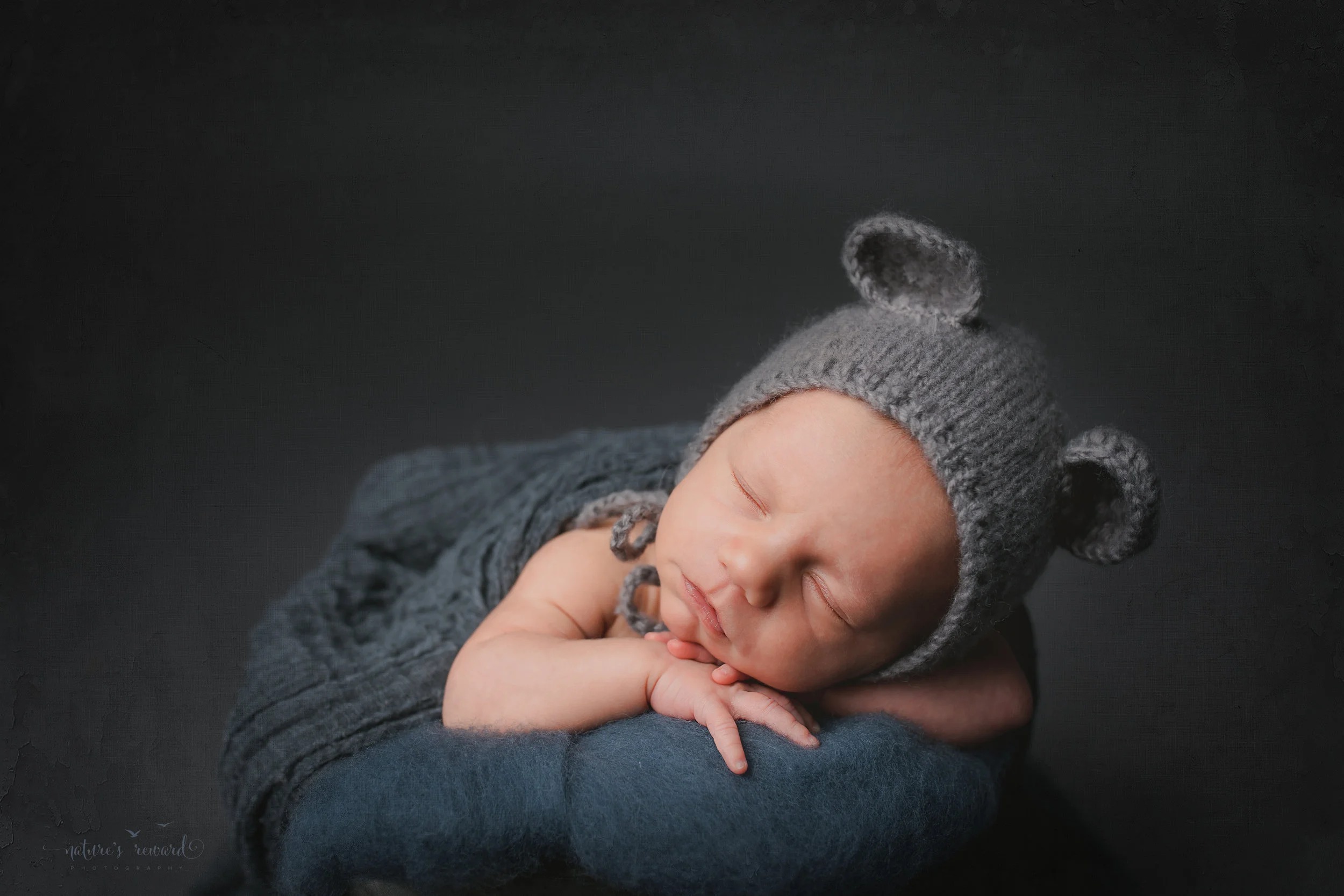 A baby boy in a bucket wearing a bear bonnet- a portrait by Nature's Reward Photography
