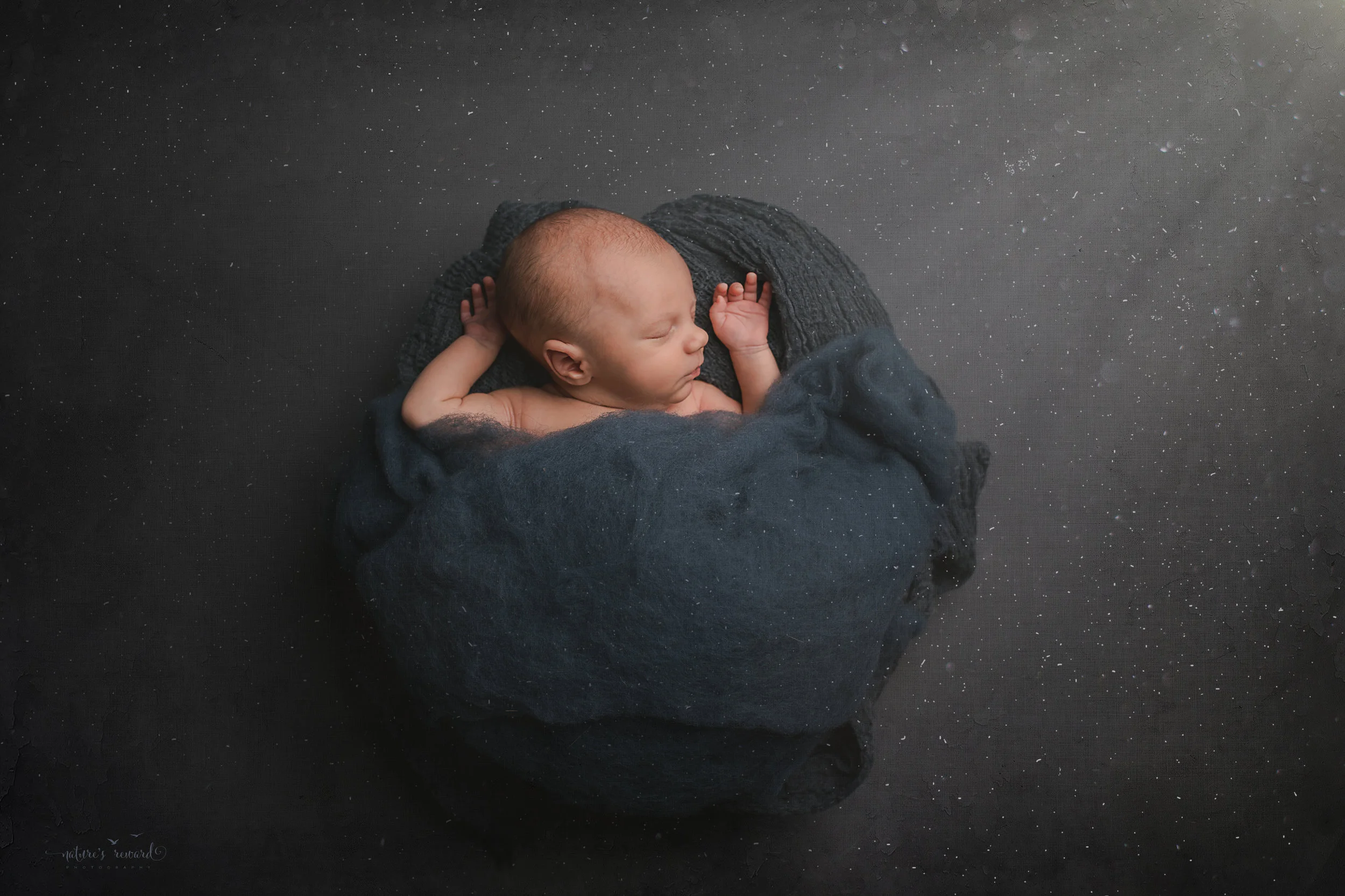 Baby boy in blue with light rays, a portrait by nature’s Reward Photography