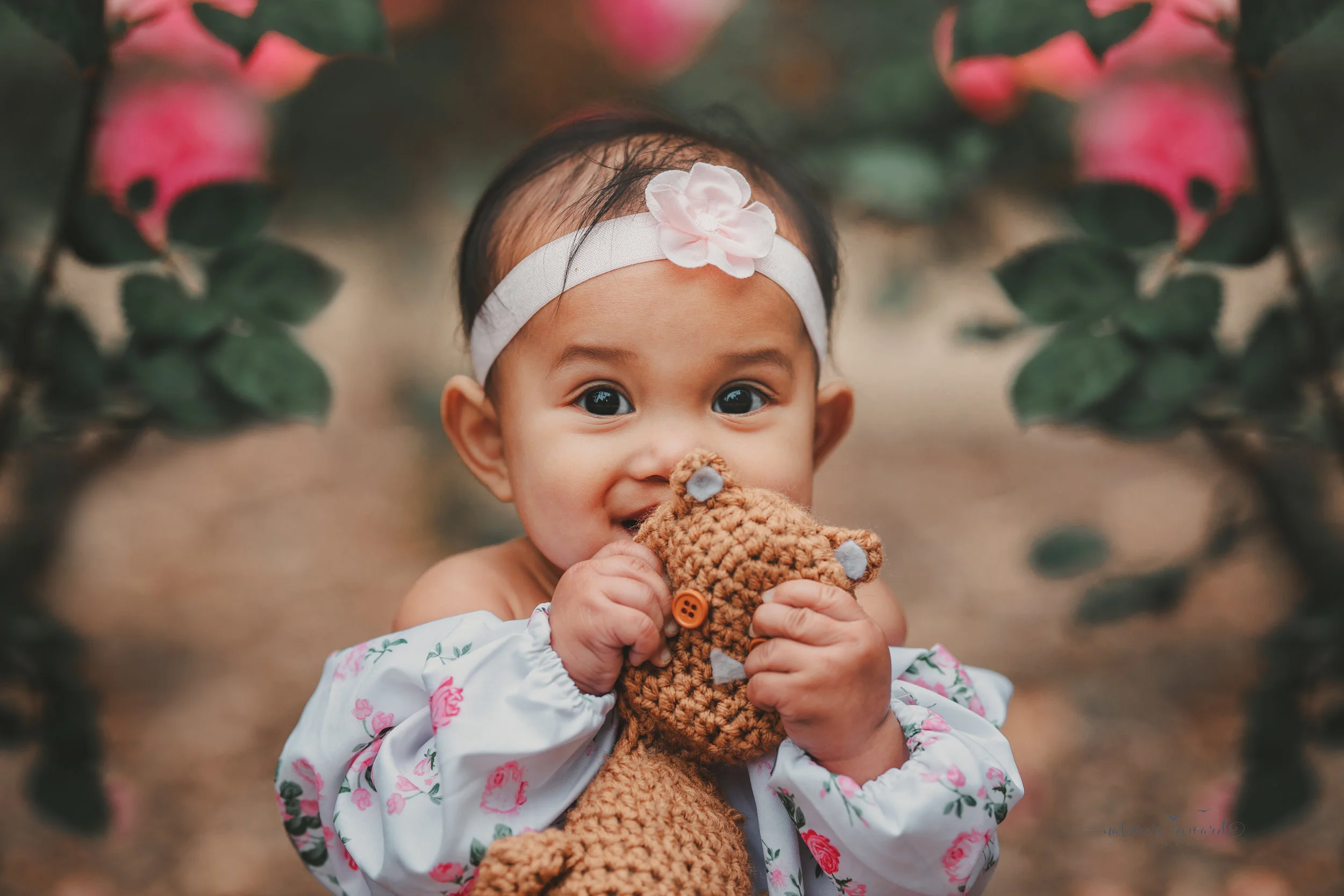 Six month old baby girl in in white and pink in this sitter portrait by Nature’s Reward Photography