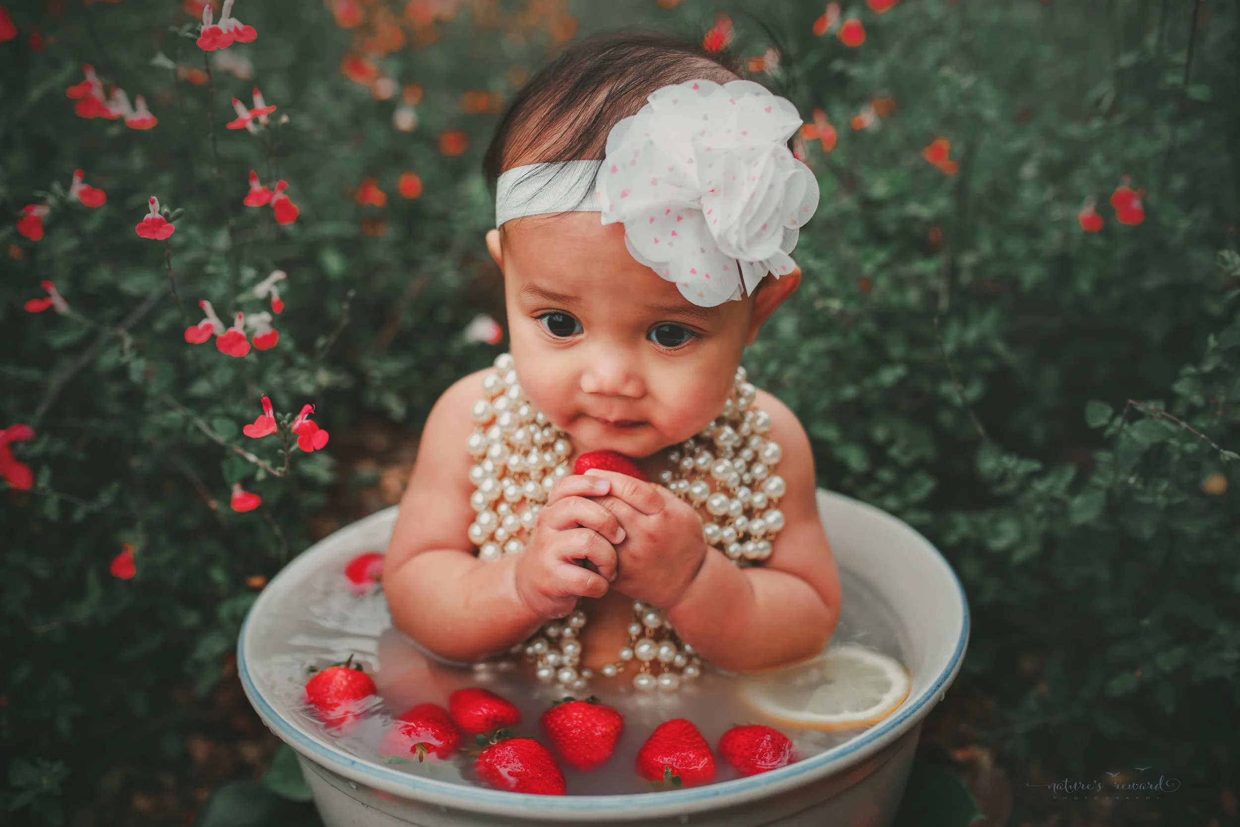 Strawberry bath session in the park with pops of red in this sitter session by Nature’s Reward Photography
