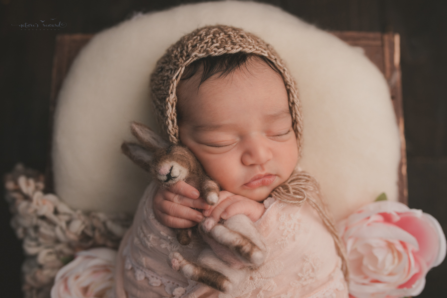 Newborn Baby girl wrapped in pink lace wearing a brown bonnet holding a bunny and sitting in a wooden box on a real wood floor in a stunning portrait by Nature’s Reward Photography