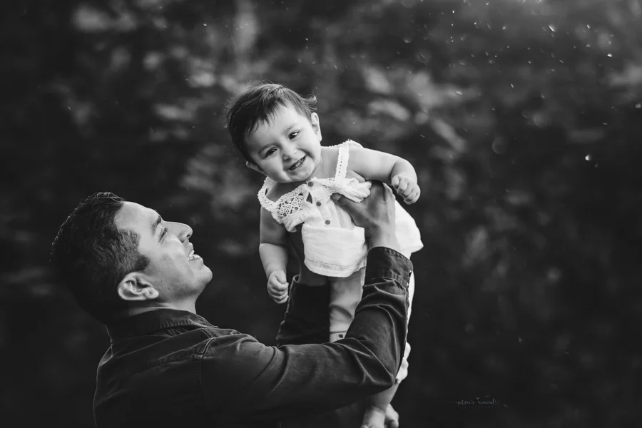 Black and white Dad and daughter portrait taken during a family session by Nature’s Reward Photography