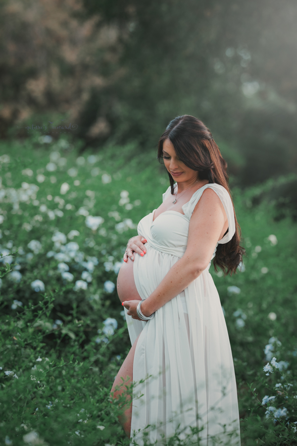 Gorgeous expecting mother in the flower blossoms, a maternity portrait by Nature’s Reward Photography