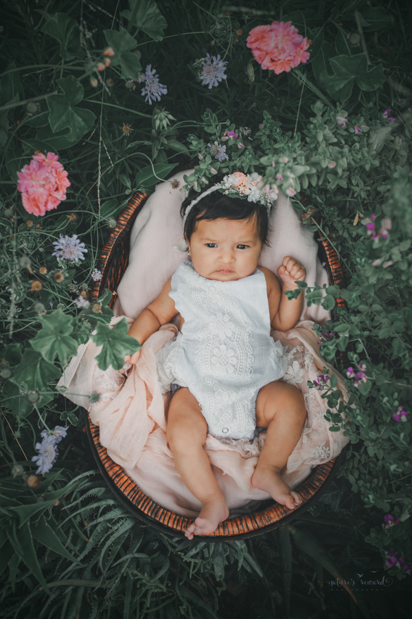 Newborn baby girl in a succulent garden in a newborn portrait by Nature’s Reward Photography