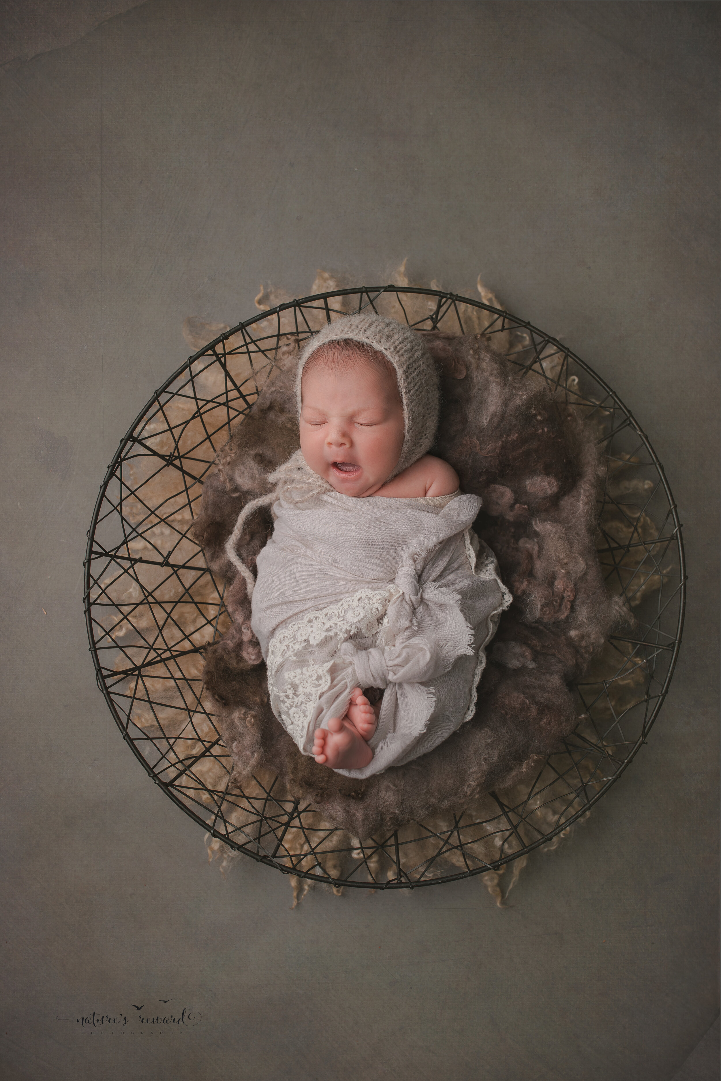 Beautiful newborn baby girl swaddled and in a bowl with her toes showing in this portrait by Nature’s Reward Photography