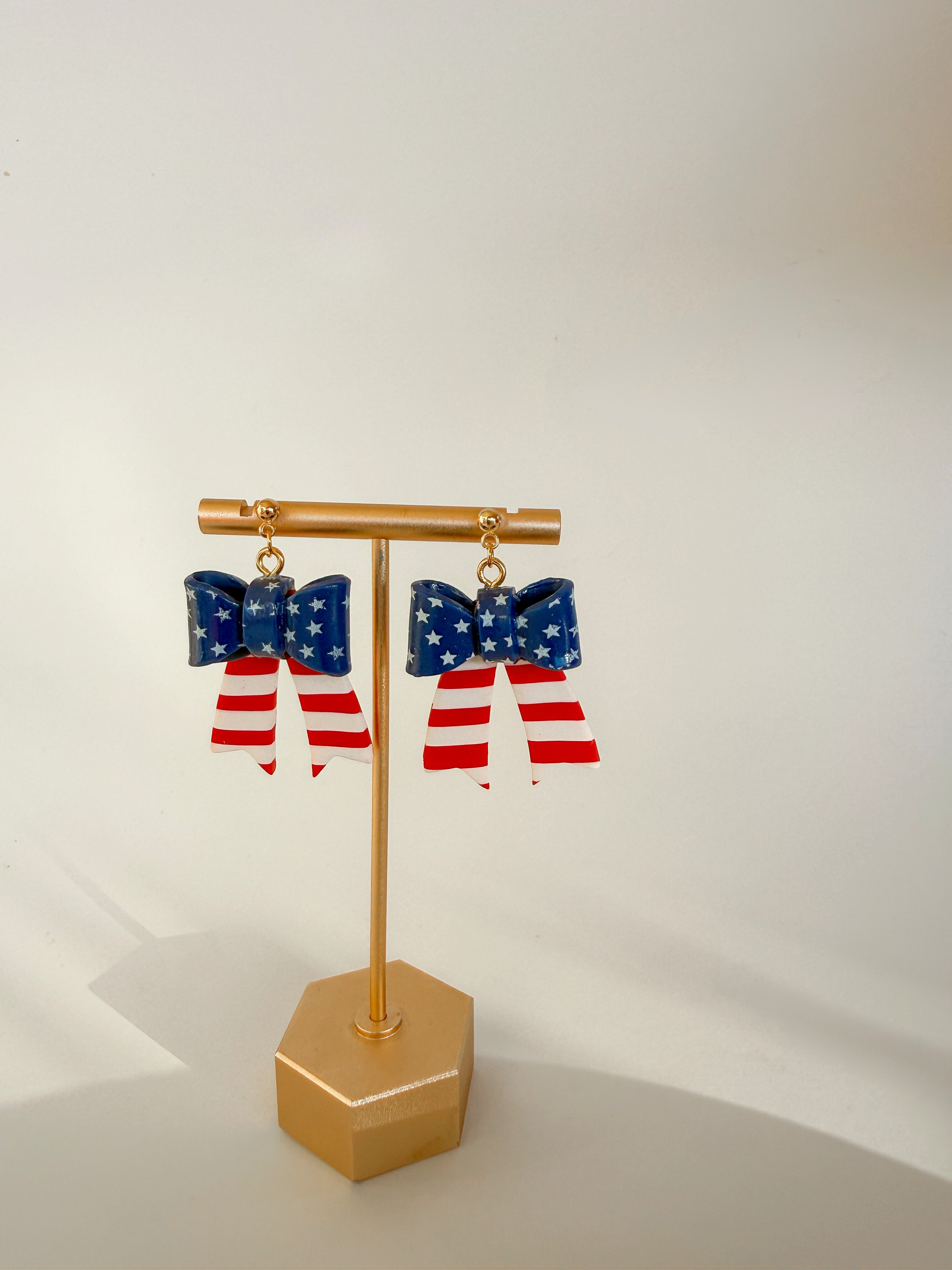 Patriotic Bow Earrings | Handmade Red White and Blue Polymer Clay Earrings | Fourth of July Statement Earrings