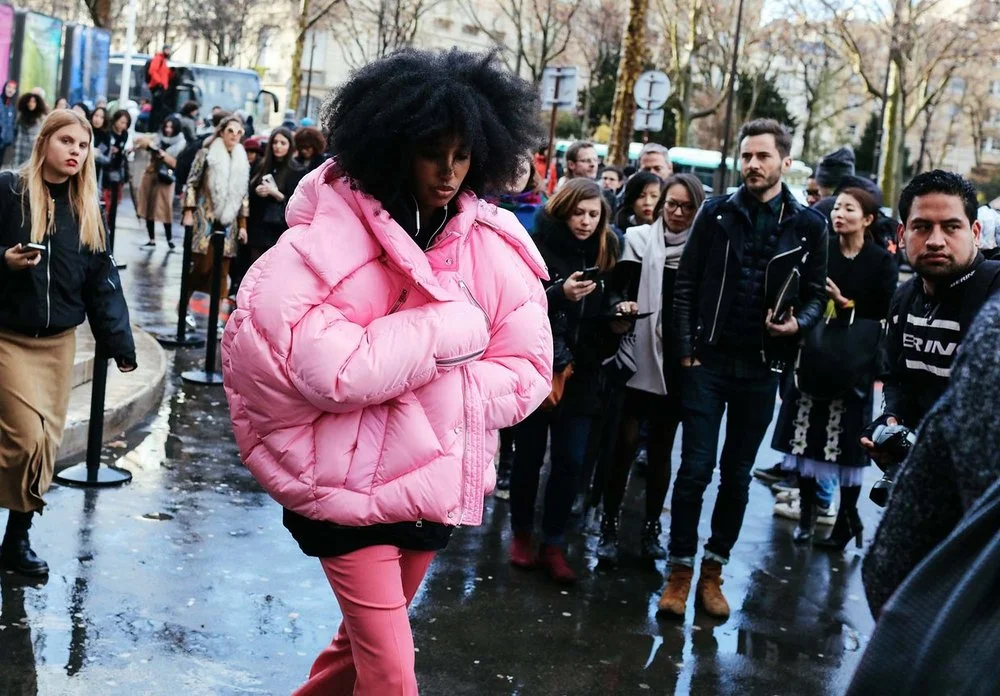 Julia Sarr-Jamois in a Chen Peng puffer, image by Phil Oh , Paris Fashion Week 2016.