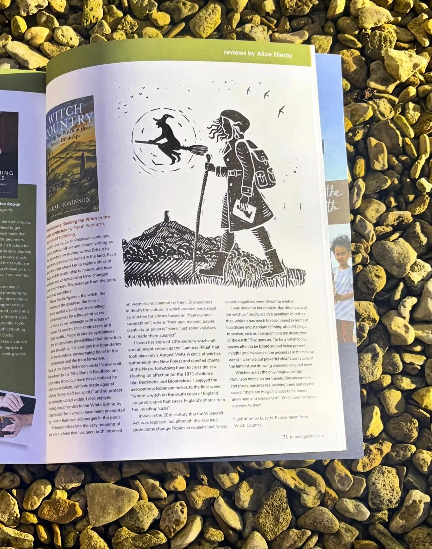 Grateful to @junomagazine for a very lovely review of #witchcountry and chance to showcase glorious artistic talents of @lucyhpearce that grace the pages of the book! 📚🌿☀️✨ this image is from the front page as I set out on my quest! Can you identif