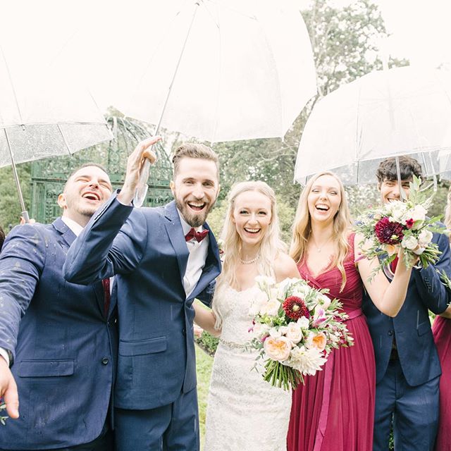 Rain didn&rsquo;t dampen the joy that Elle and Andrew felt on their wedding day! Rainiest wedding day ever but they took it in stride! Photo credit: @mariamackphotog  #weddingparty #rainydaywedding #weddingflowers #fallflowers #dahlias #fallweddingse