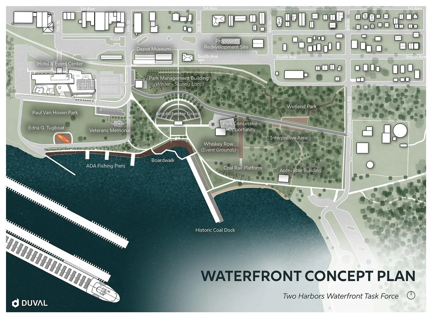 Waterfront Vision | Concept plan from our work with the Two Harbors Waterfront Task Force. #agate-bay #waterfront #restoration #northshore #duval