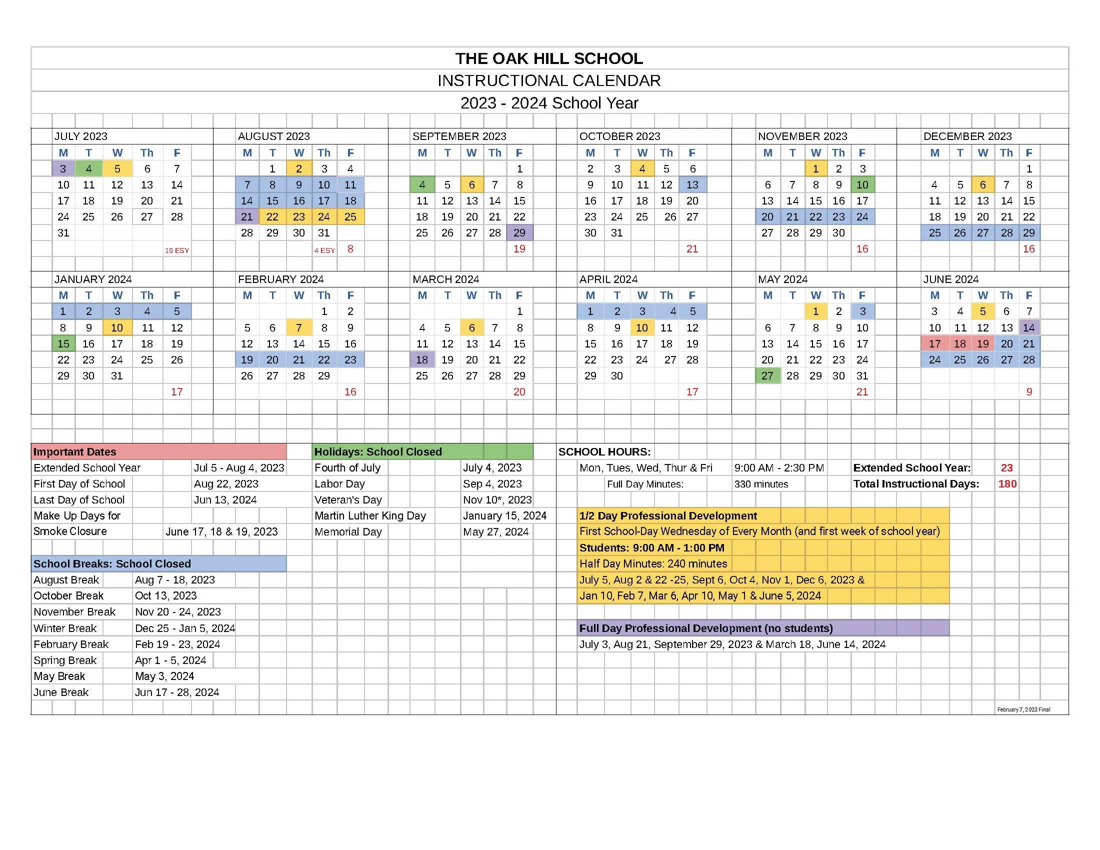 2023 Calendar — Oak Hill School 2023 Calendar — Oak Hill School