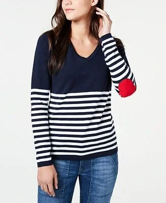 Striped V neck Sweater with Elbow Patches, Tommy Hilfiger Blue Label, Spring 2019
