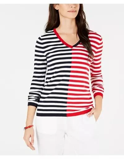 Split Stripe V neck Sweater, Tommy Hilfiger, Blue Label, Spring 2019