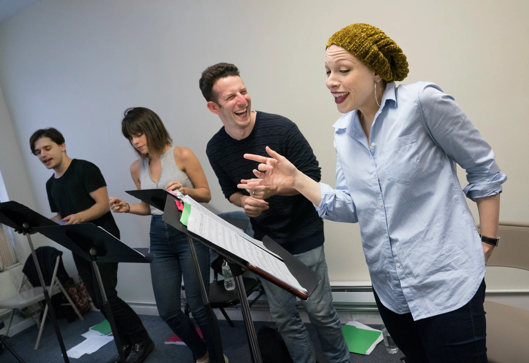 From left, Andy Mientus, Krysta Rodriguez, Nick Blaemire and Lauren Marcus rehearse for the “Jonathan Larson Project” concerts.CreditCreditSara Krulwich/The New York Times