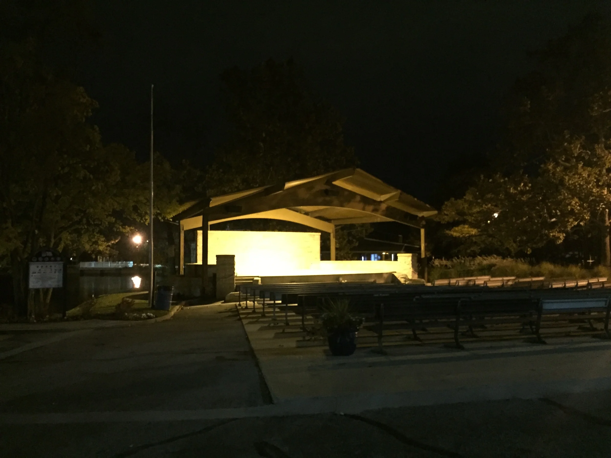 Memorial Island's amphitheater at night on a return to Lafayette