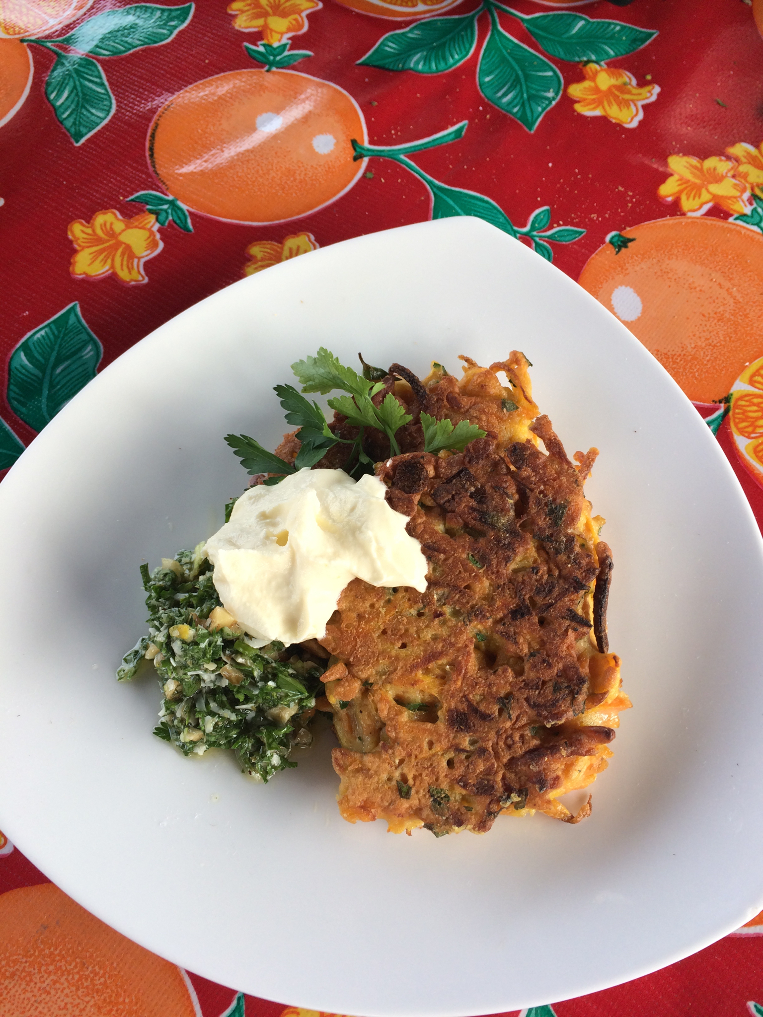 Crispy Vegetable Pancakes with Carrot Top Pesto