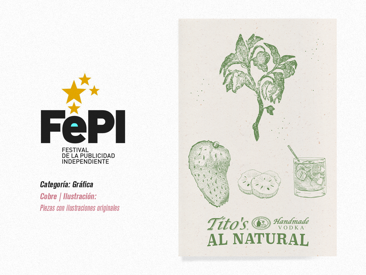 Cliente: Tito’s Vodka, Categoría Ilustración Piezas con Ilustraciones Originales, Cobre, Pieza “Tito’s Al Natural”. 