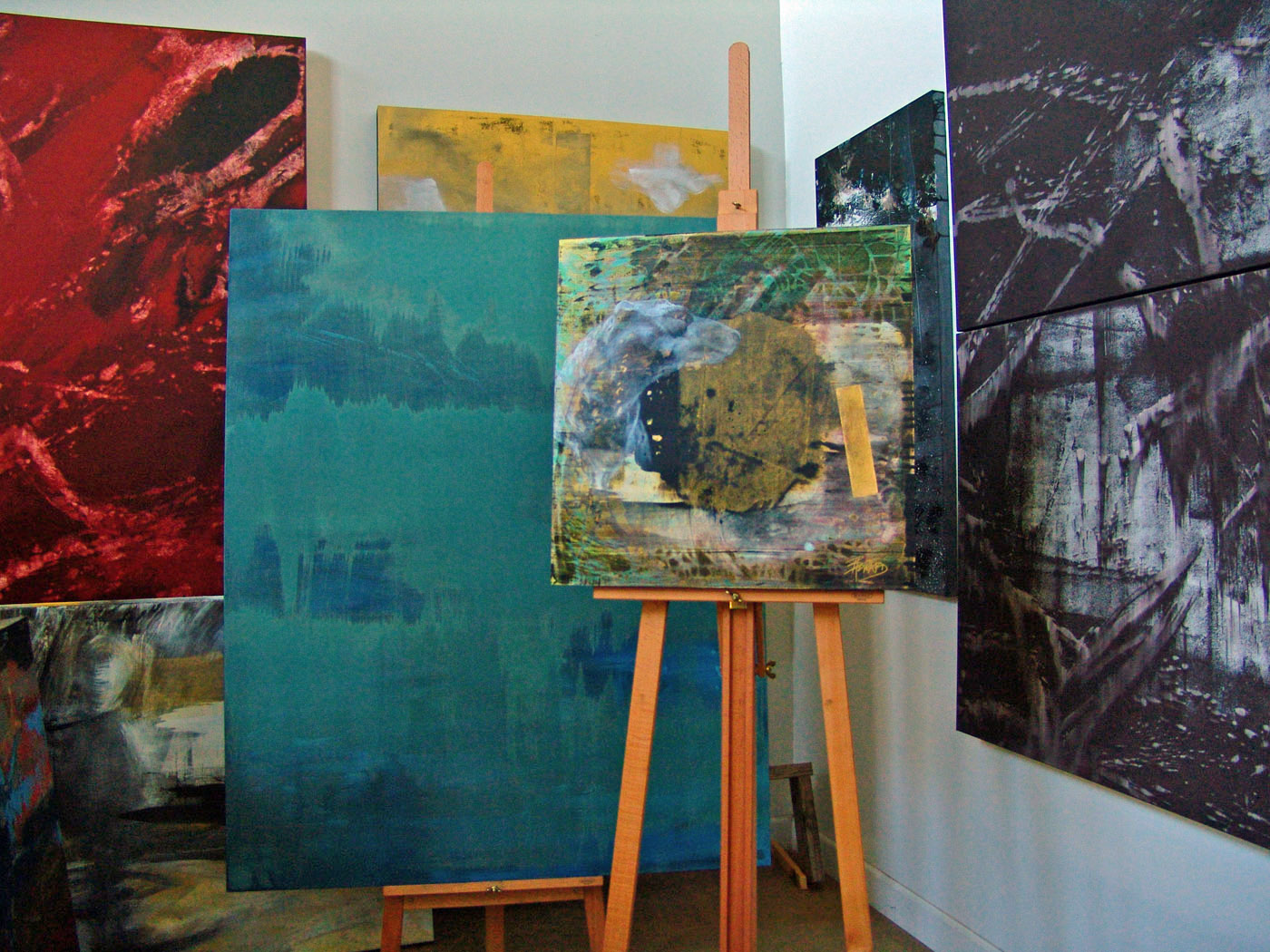 Southwest corner of studio working area. Land Grab 1 on front easel.