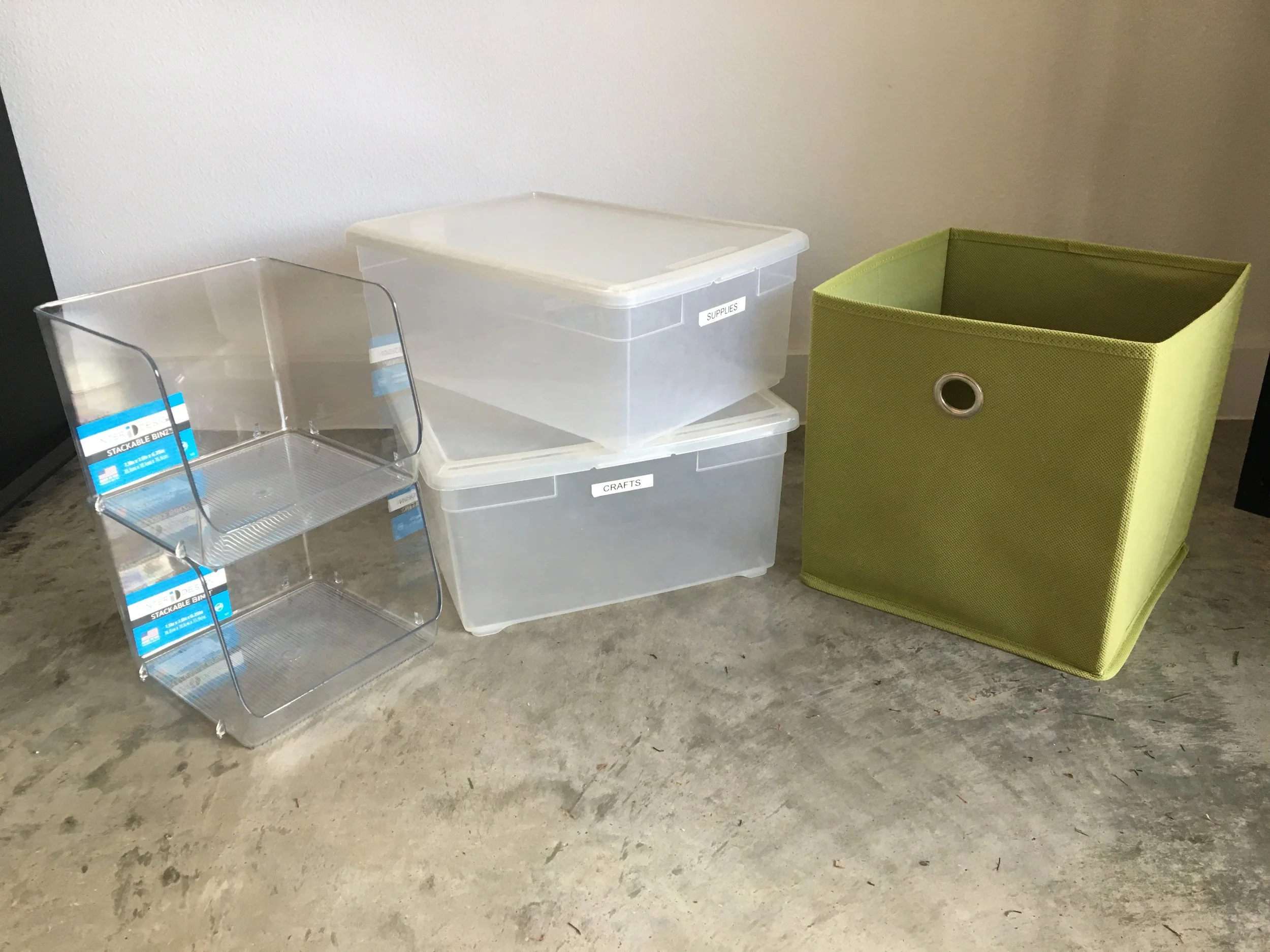 Clear containers with open tops (left) are best for items you use often, but you'll want lids on to protect yarns from critters. The clear plastic allows you to see inside.