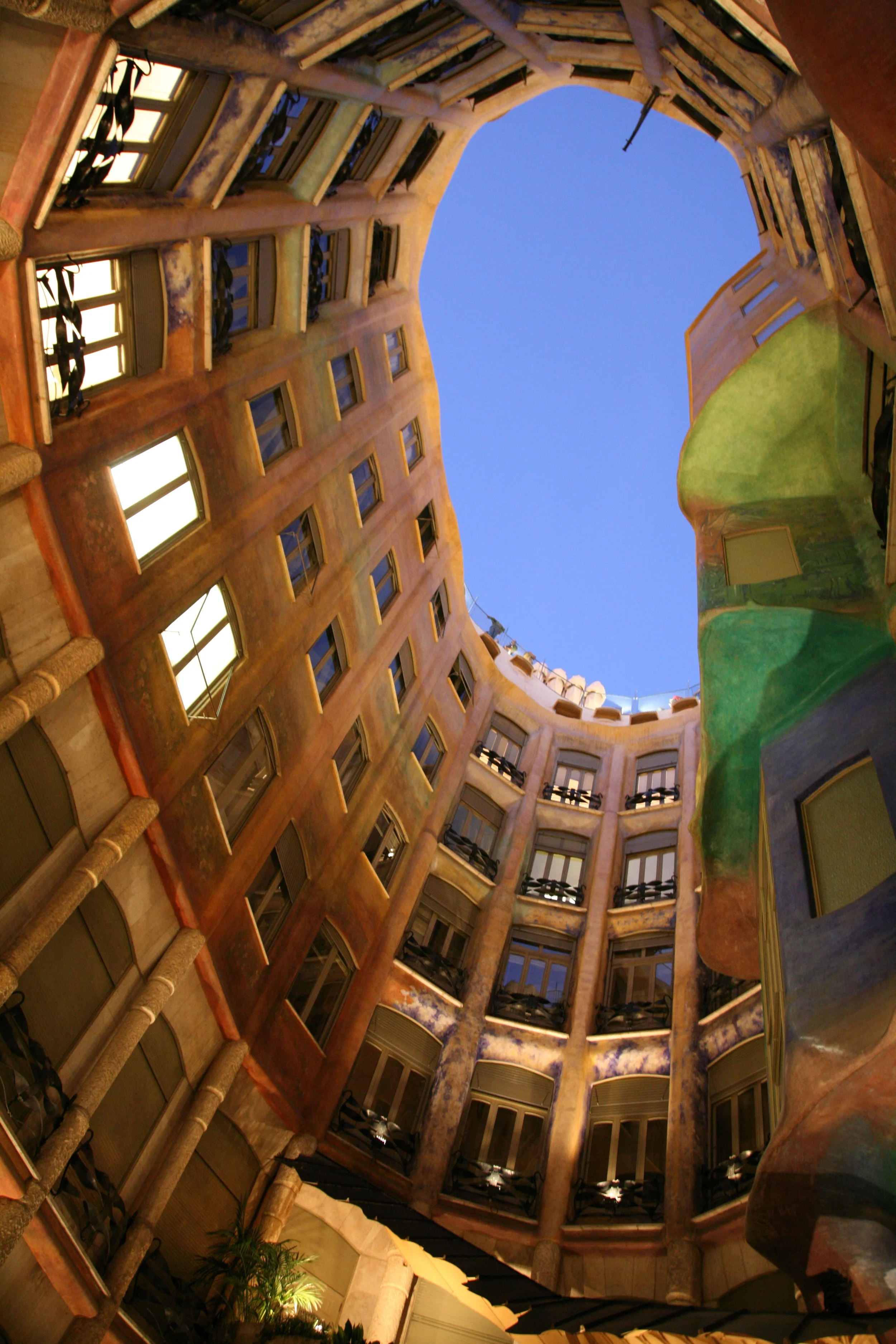  Looking up at Gaudi’s Pedrera atrium.&nbsp; Luckily the line was gone when we returned.&nbsp; 
