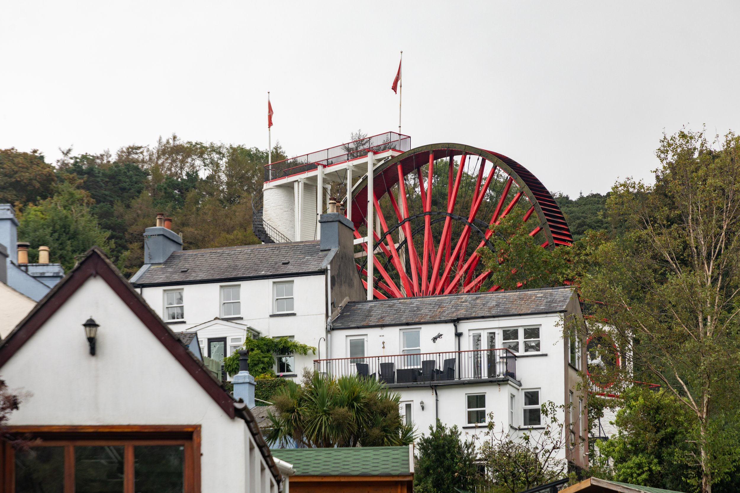 Checking out the Great Laxey Wheel, closed for the day, on our way back to Douglas