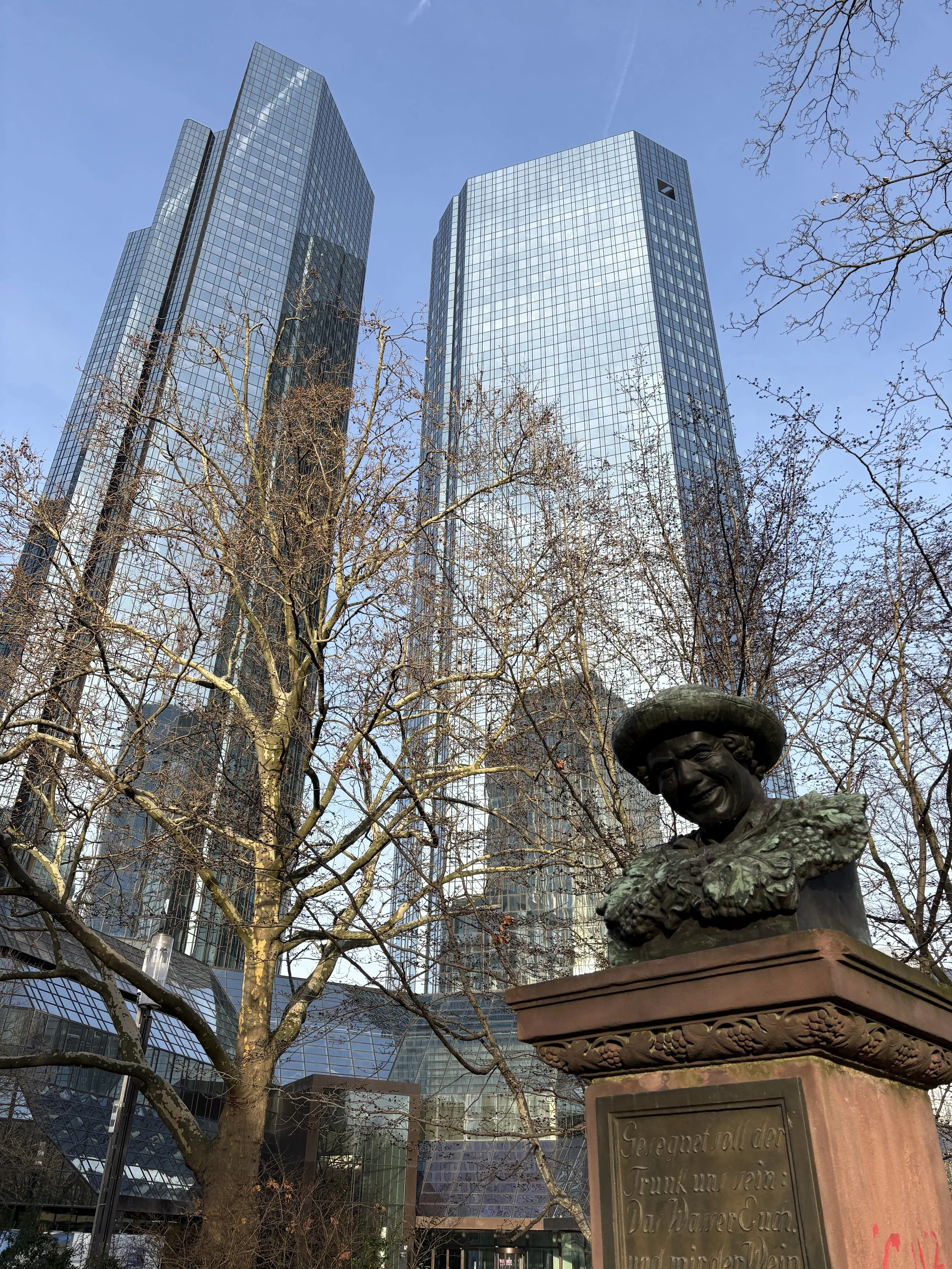  Bust of Johann Nepomuk Zwerger a German Sculpture and Professor with Deutsche Bank towers in the background&nbsp; 