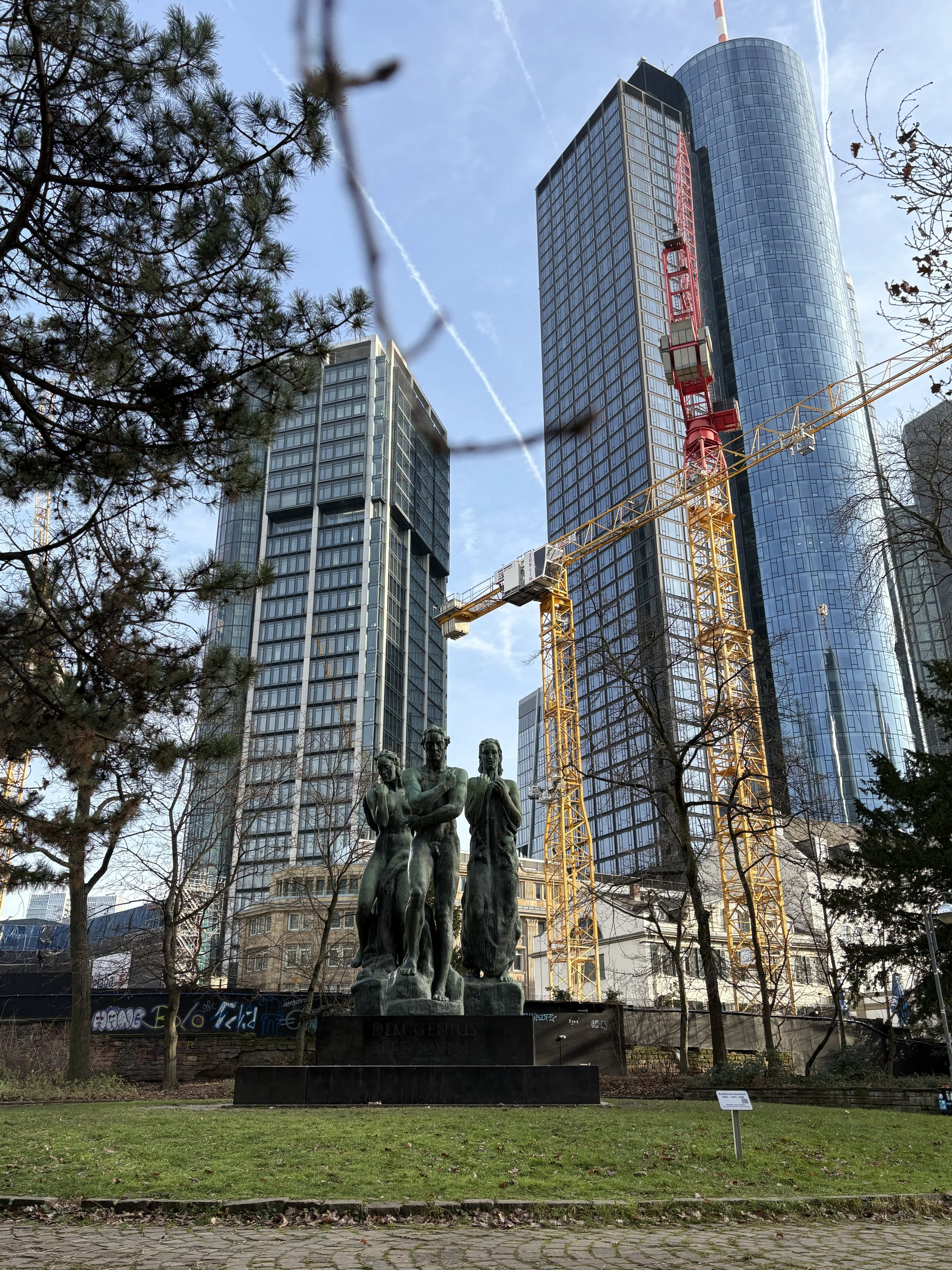  Beethoven monument at the Taunusanlage park with some newer skyscrapers under development 