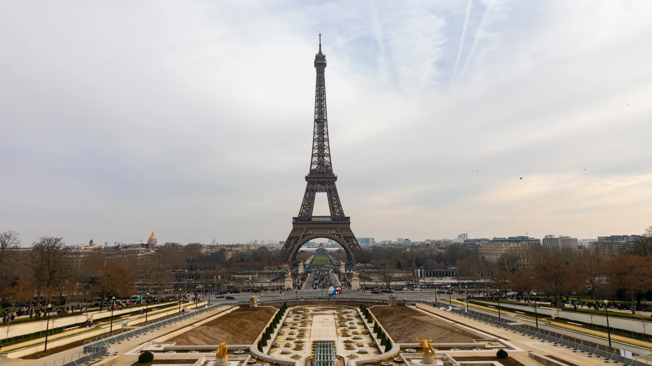  The fountains at Jardins du Trocadero are drained for the winter, but the Eiffel Tower still towers above it 