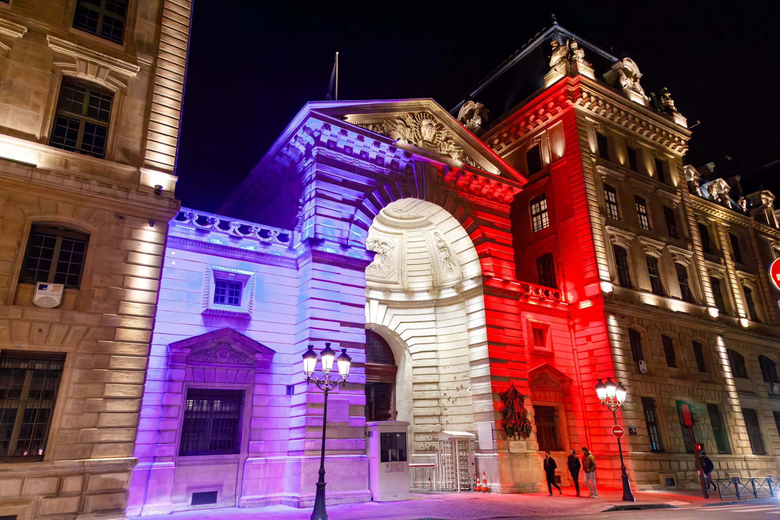  Paris Police Prefecture building illuminated in the colours of the French flag 