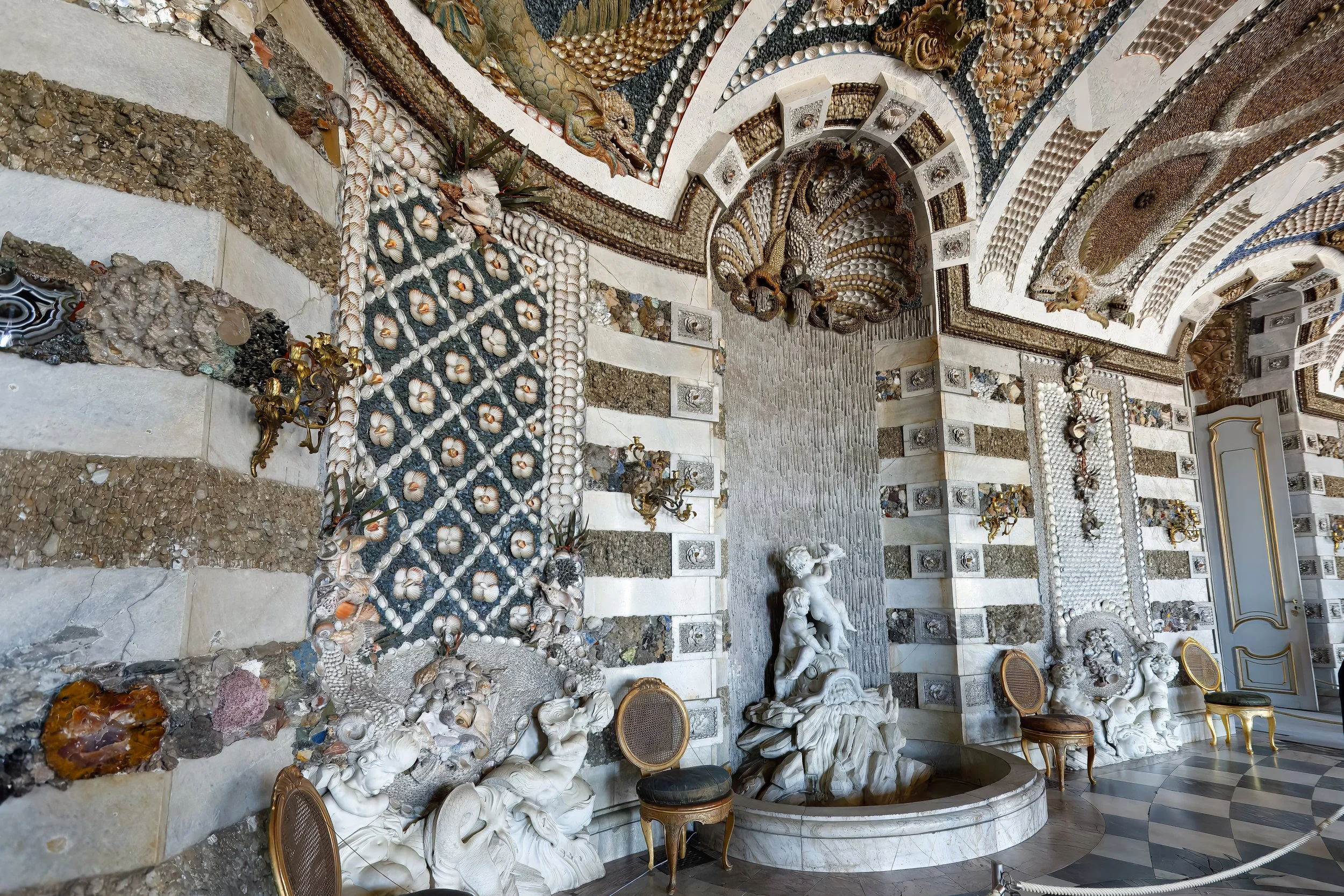  Grotto Hall decorated with over 24,000 seashells, fossils, and gemstones 