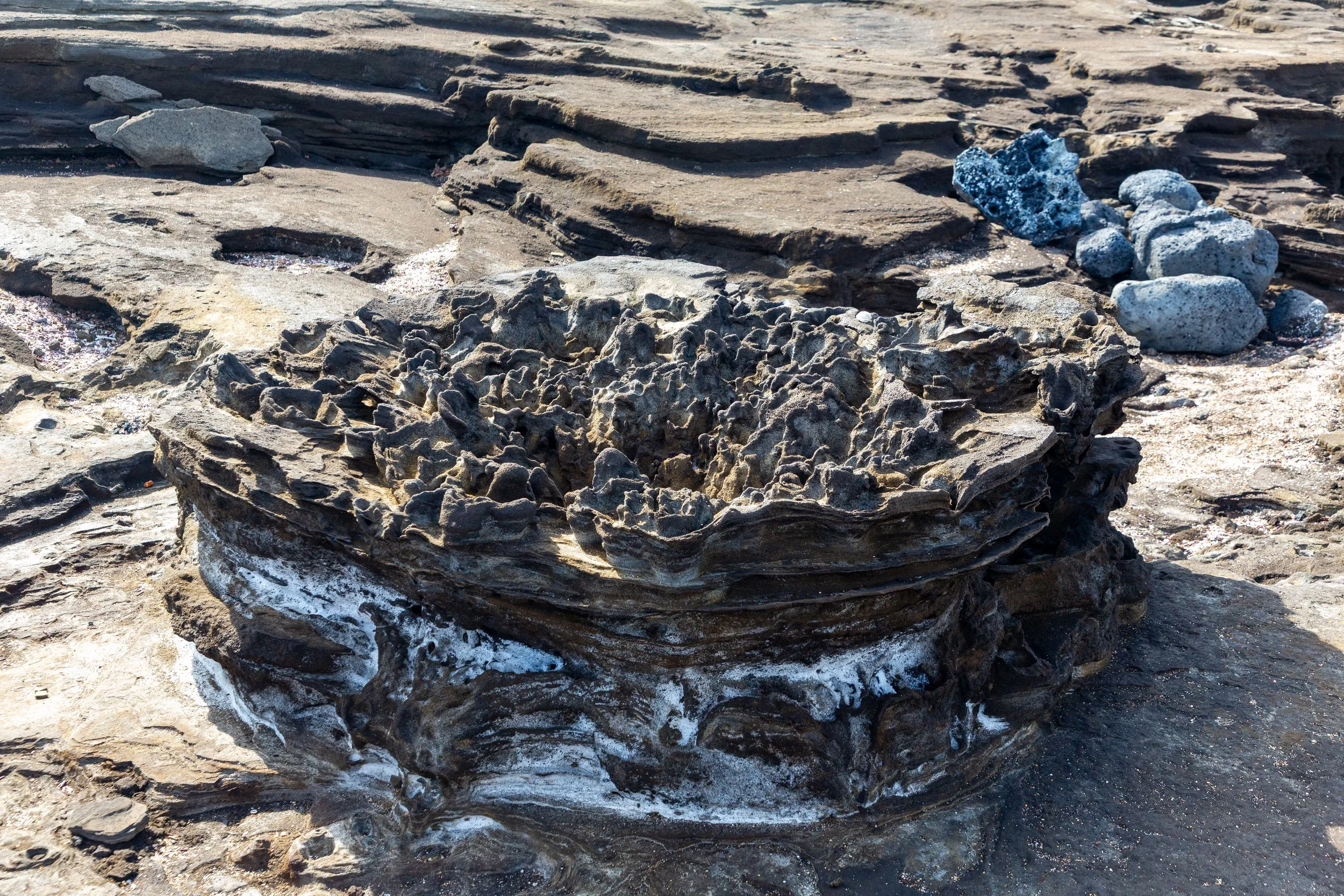  Some of the volcanic layers of the island surfaces through beach erosion  