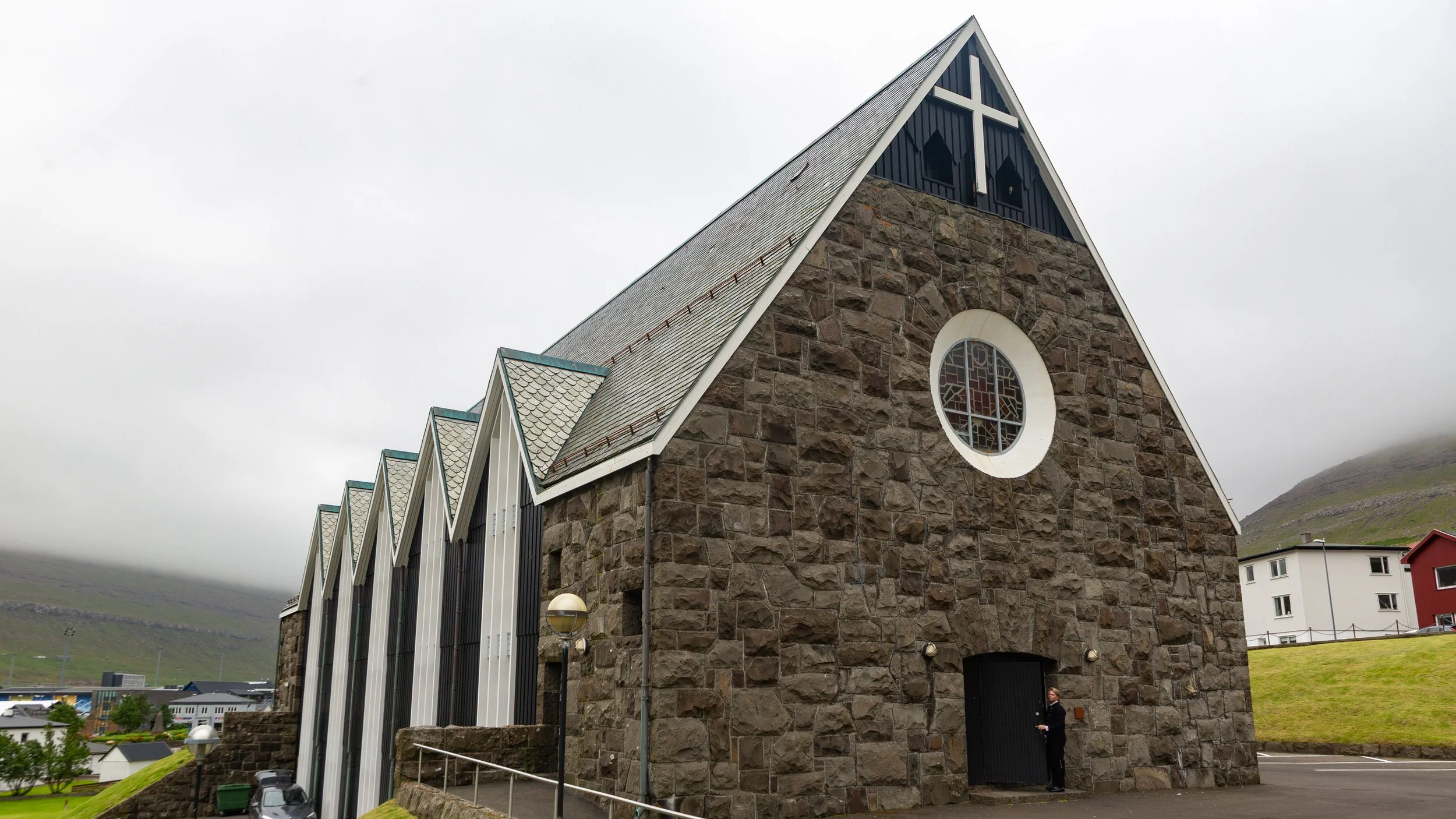  Christianskirkjan (King Christian's Church), a modern church in Klaksvík, the second-largest town in the Faroe Islands 