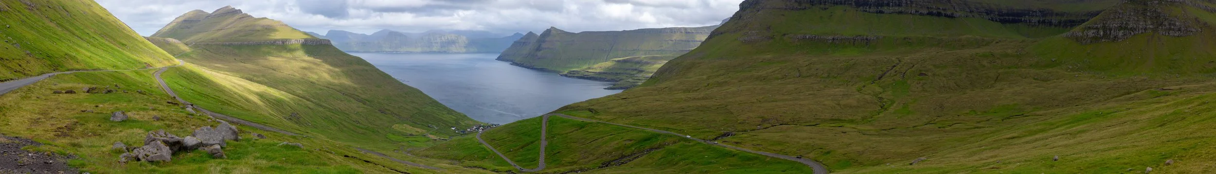  Panoramic view of the Funningsvegur scenic coastal road 