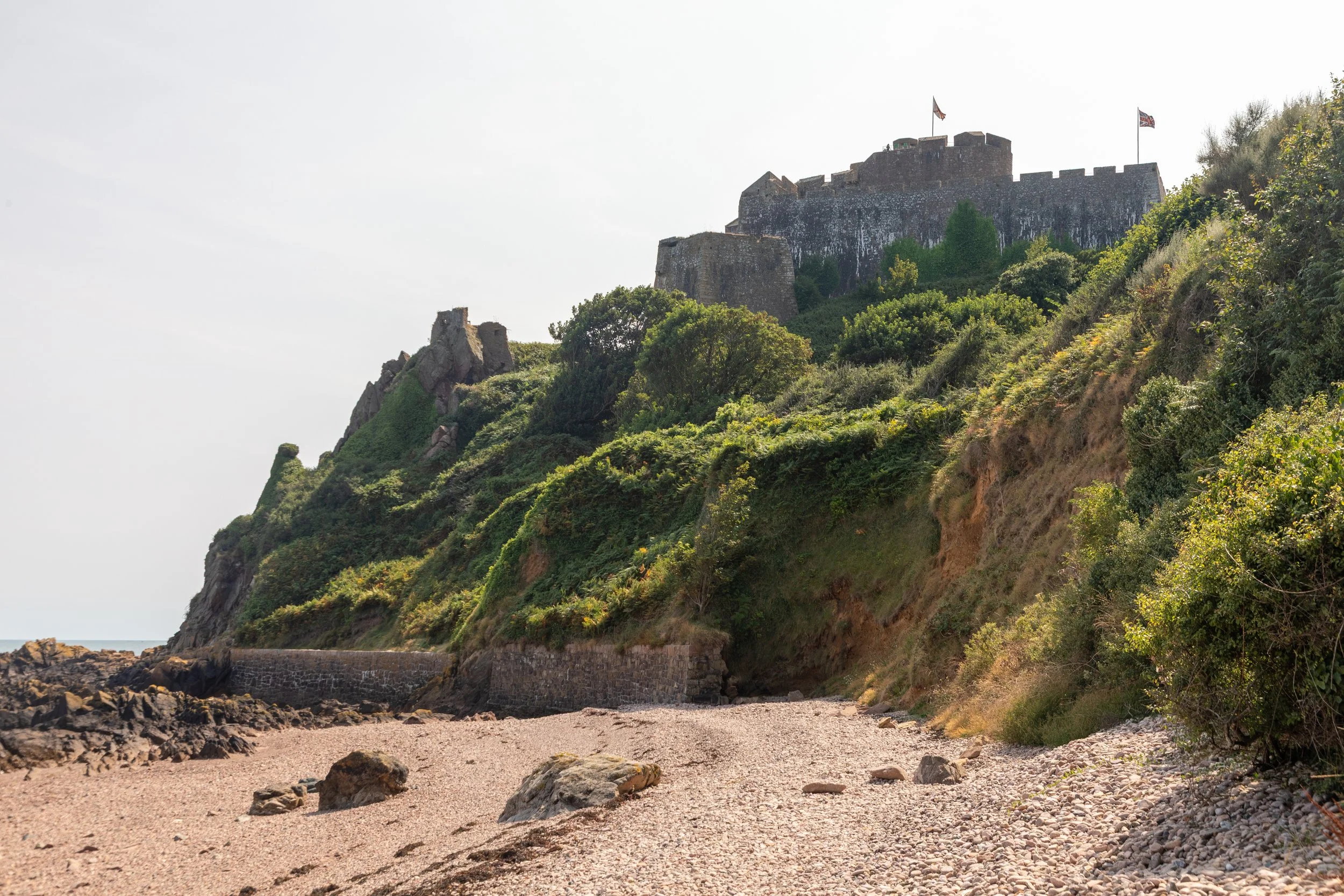  From the beach looking up at Mont Orgueil (1462) (French for 'Mount Pride') Castle on the east coast of the Island 