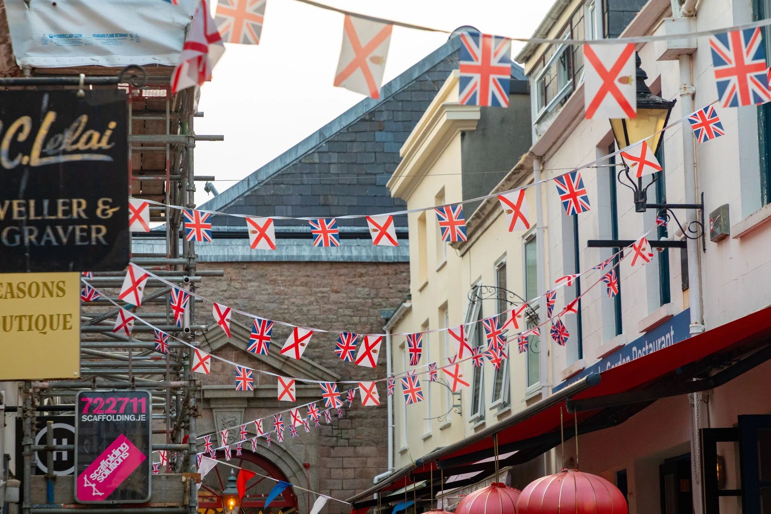  While enjoying dinner on the patio, we could see the old town festooned with Jersey and Union Jack flags 