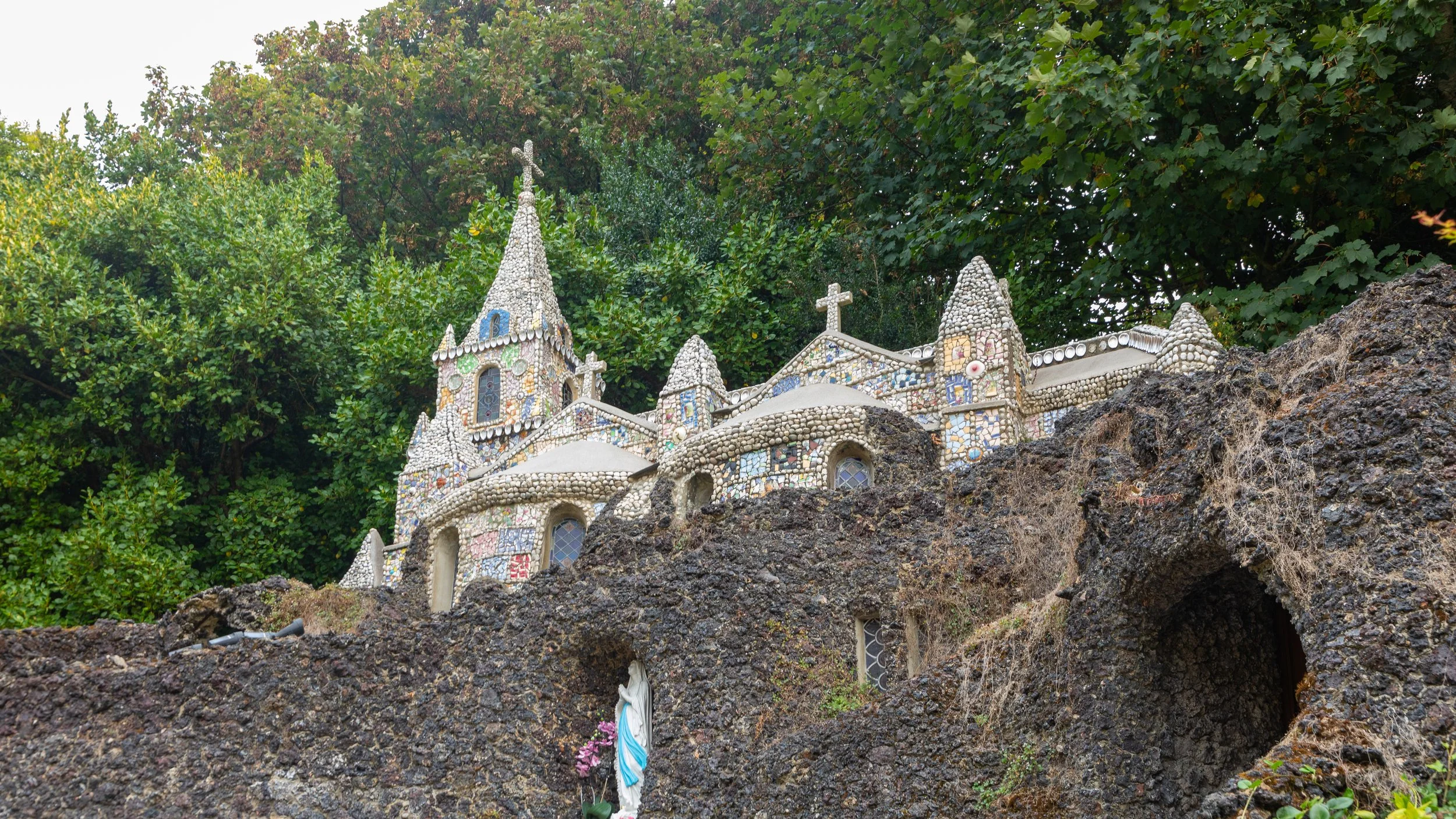  Little Chapel, a small church almost entirely covered in a mosaic of broken china and pottery shards 
