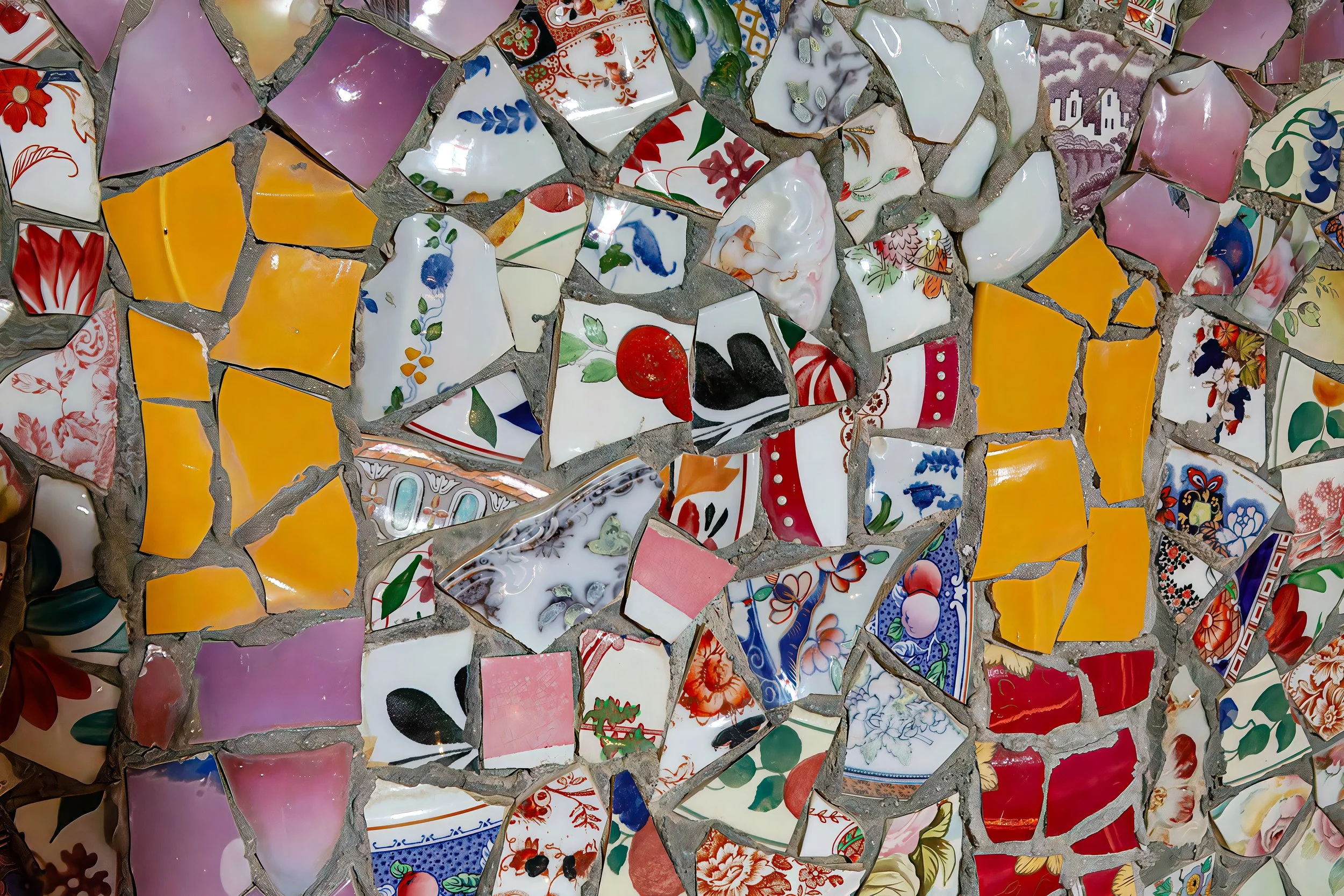  Closeup shows how the patterns are formed from unique patterned pieces of broken china 