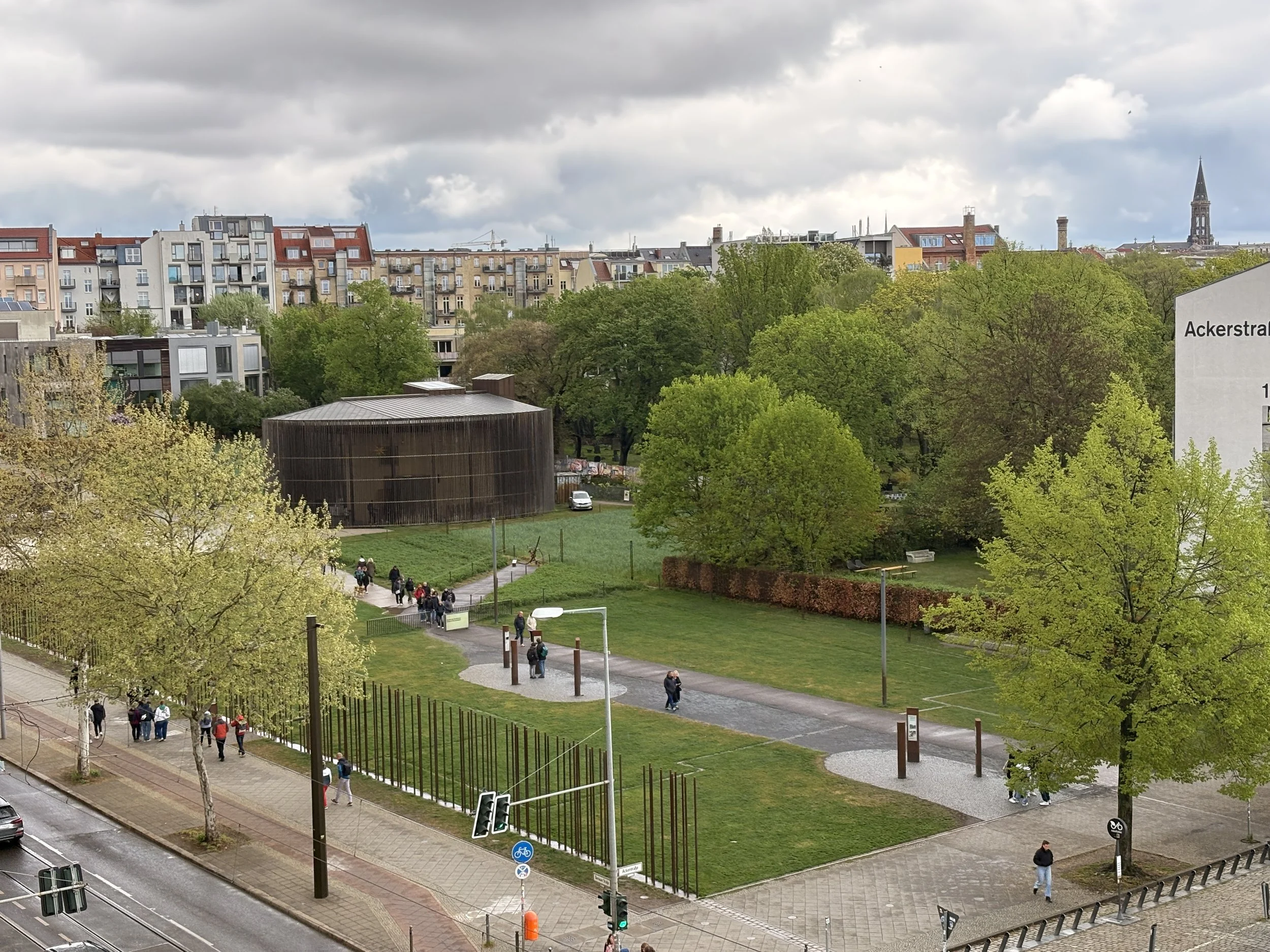 Overhead view of the DMZ between the walls and Chapel of Reconciliation sitting on the site of the Church of Reconciliation destroyed by the East in 1985 to clear out the DMZ 