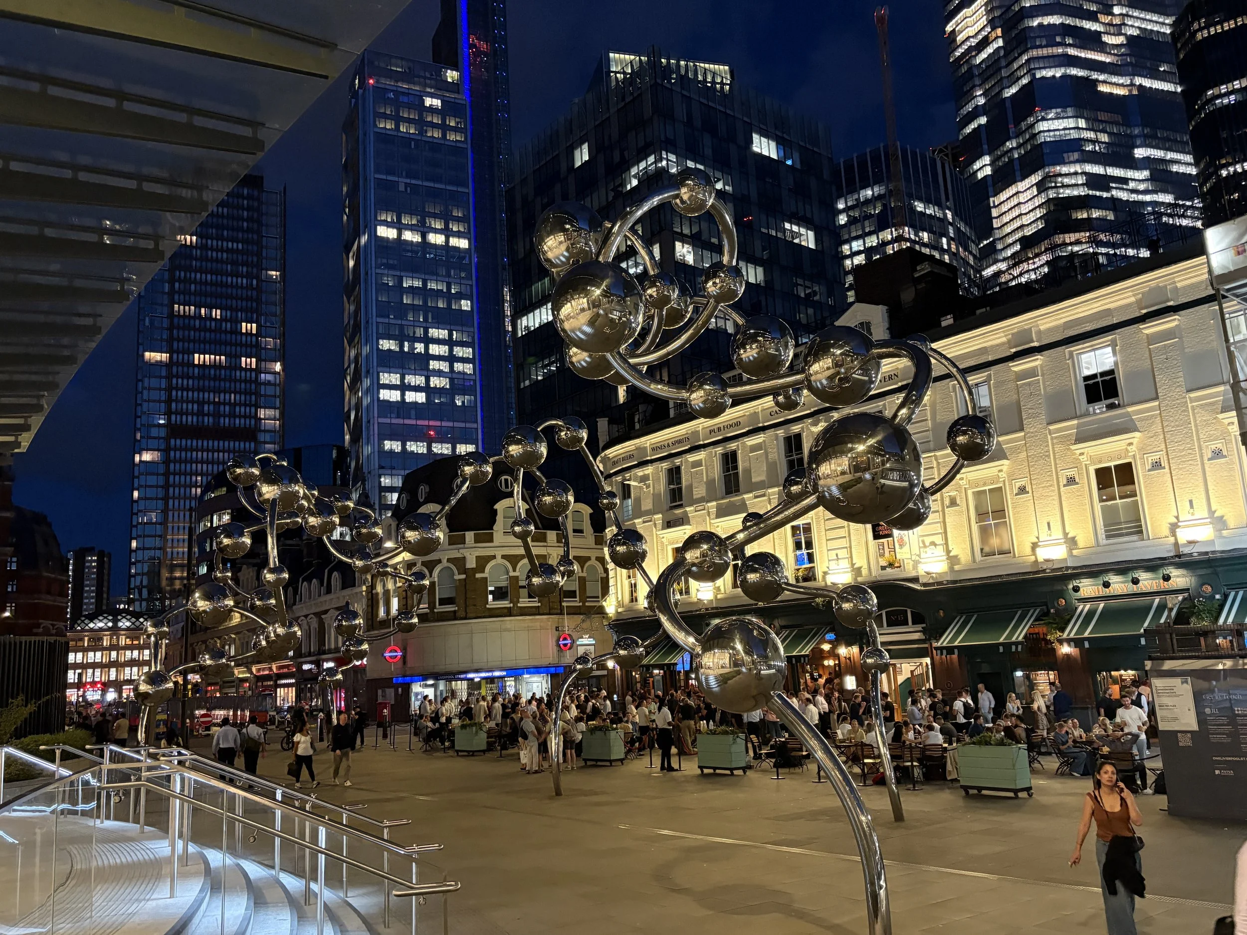  "Infinite Accumulation", public sculpture by Japanese artist Yayoi Kusama, outside Elizabeth line entrance to Liverpool Street station 