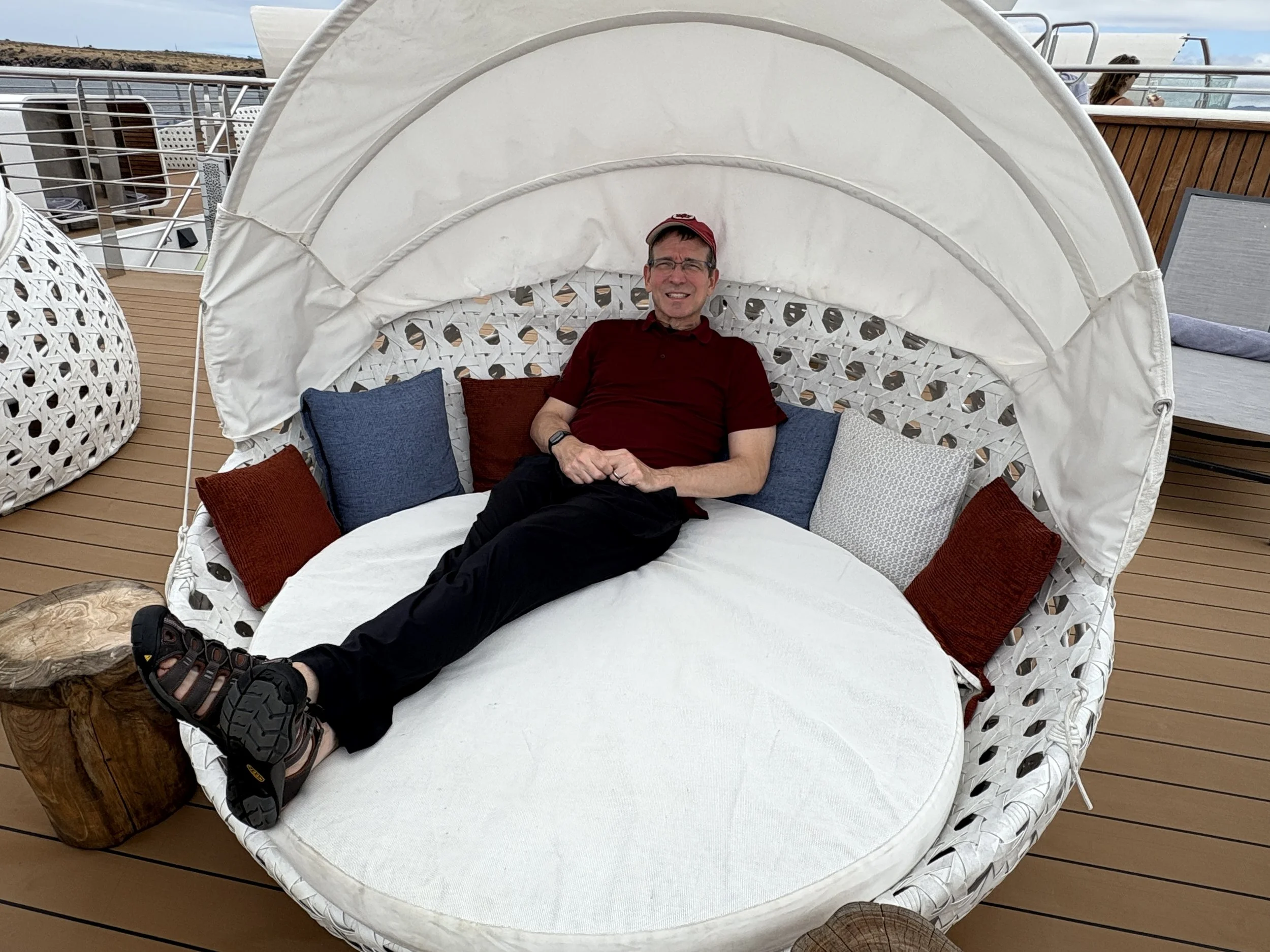  Checking out one of the many seating options on the top deck 