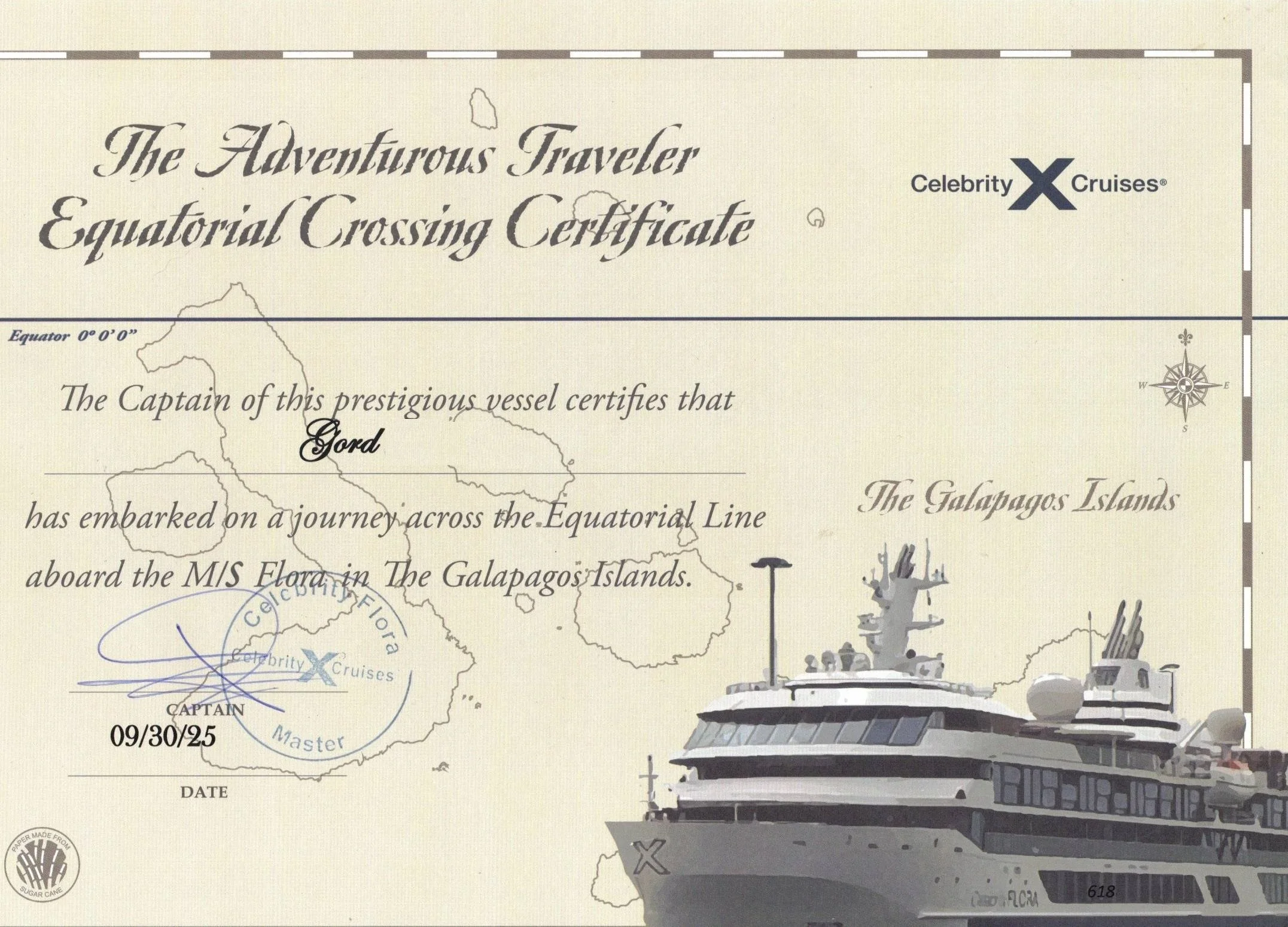  Although we had crossed the equator twice the previous day, they formally announced our evening crossing that night as we head back north 