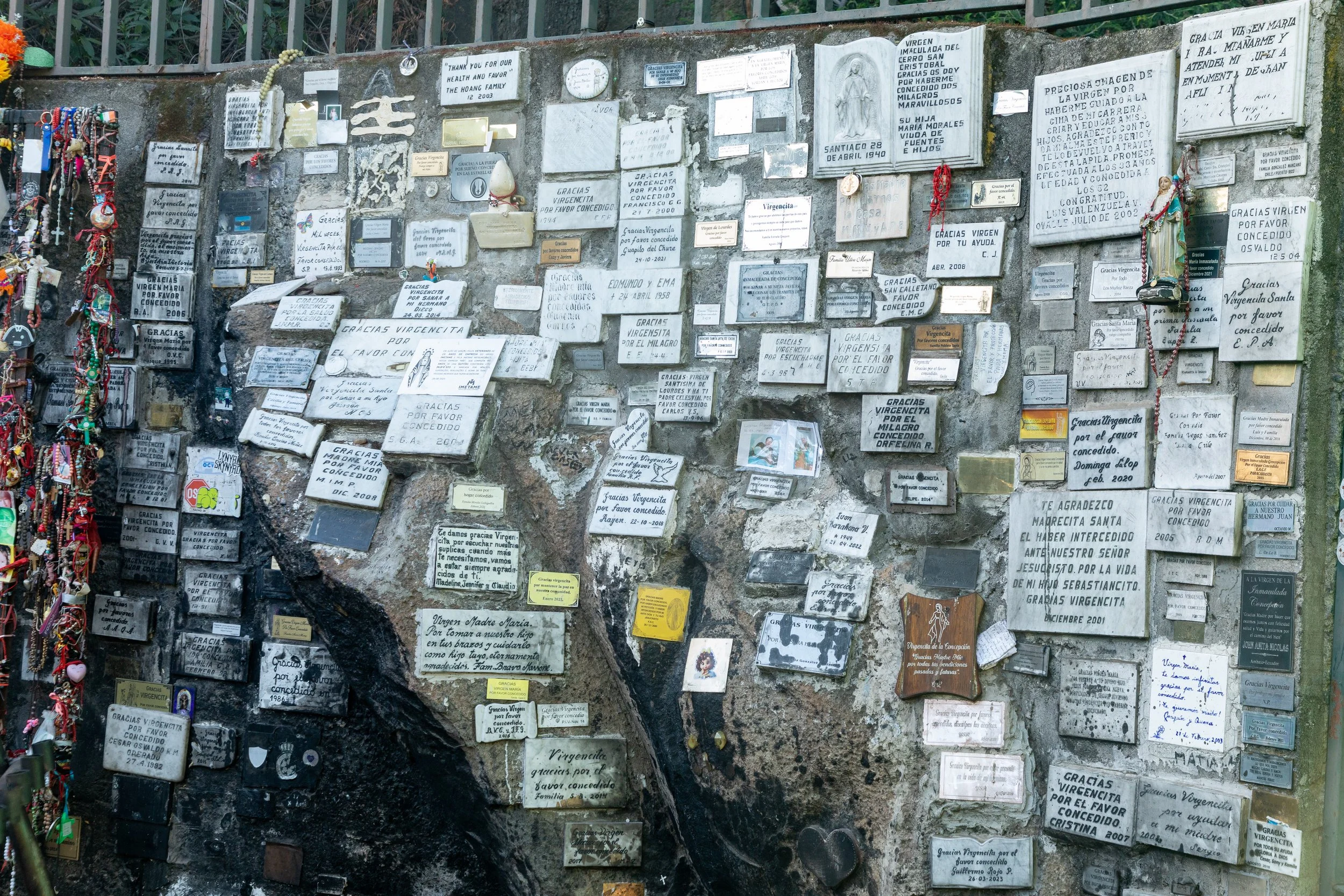  At the Sanctuary of Our Lady of the Holy Rosary of Las Lajas, cards left by pilgrims to express gratitude for favors or miracles attributed to the Virgin Mary 