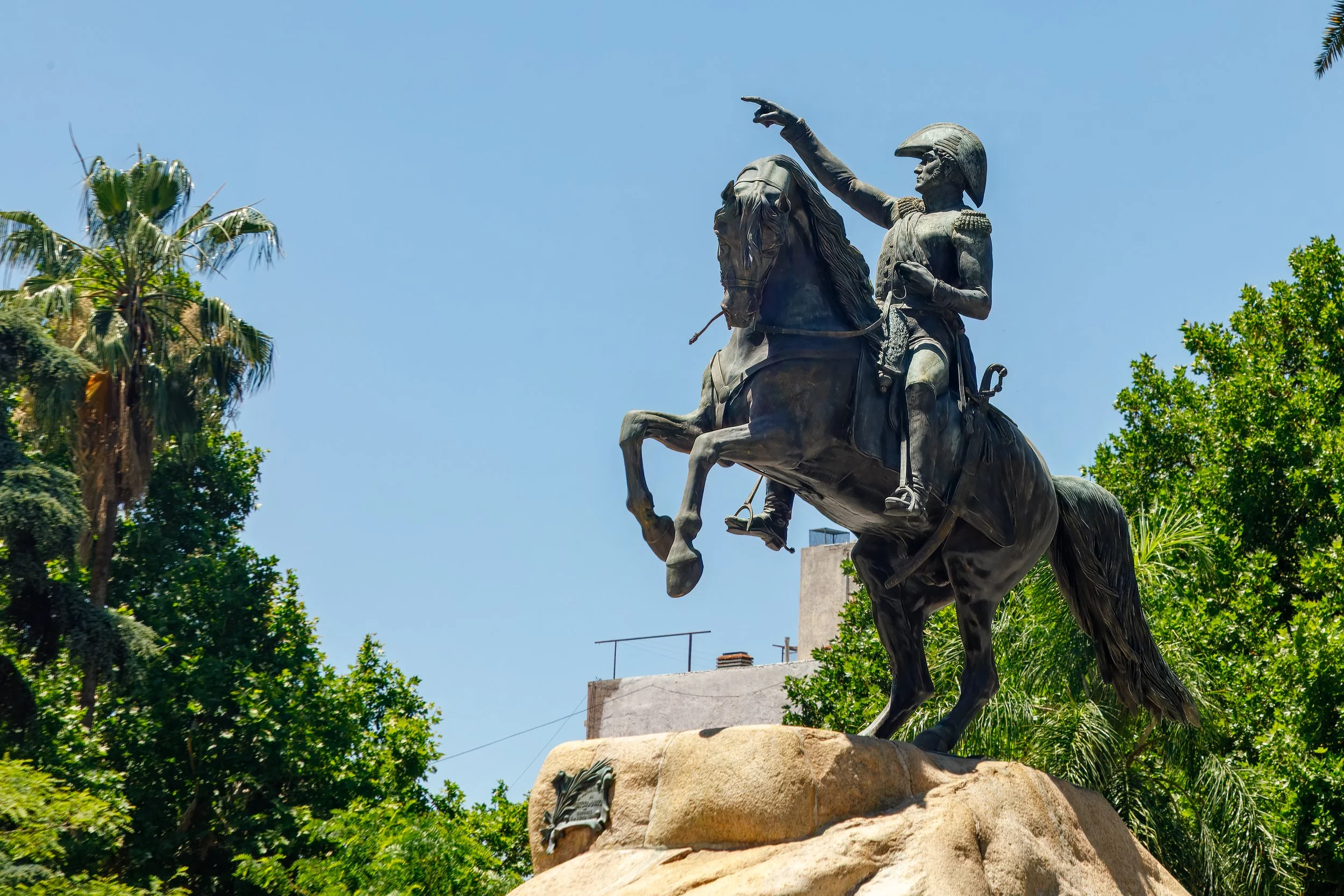  Monumento Al General San Martin in Plaza San Martin, one of the four smaller squares that radiate one block out from the corners of the central square, that were built as safe gathering spaces when the city was rebuilt after the devastating 1861 Ear