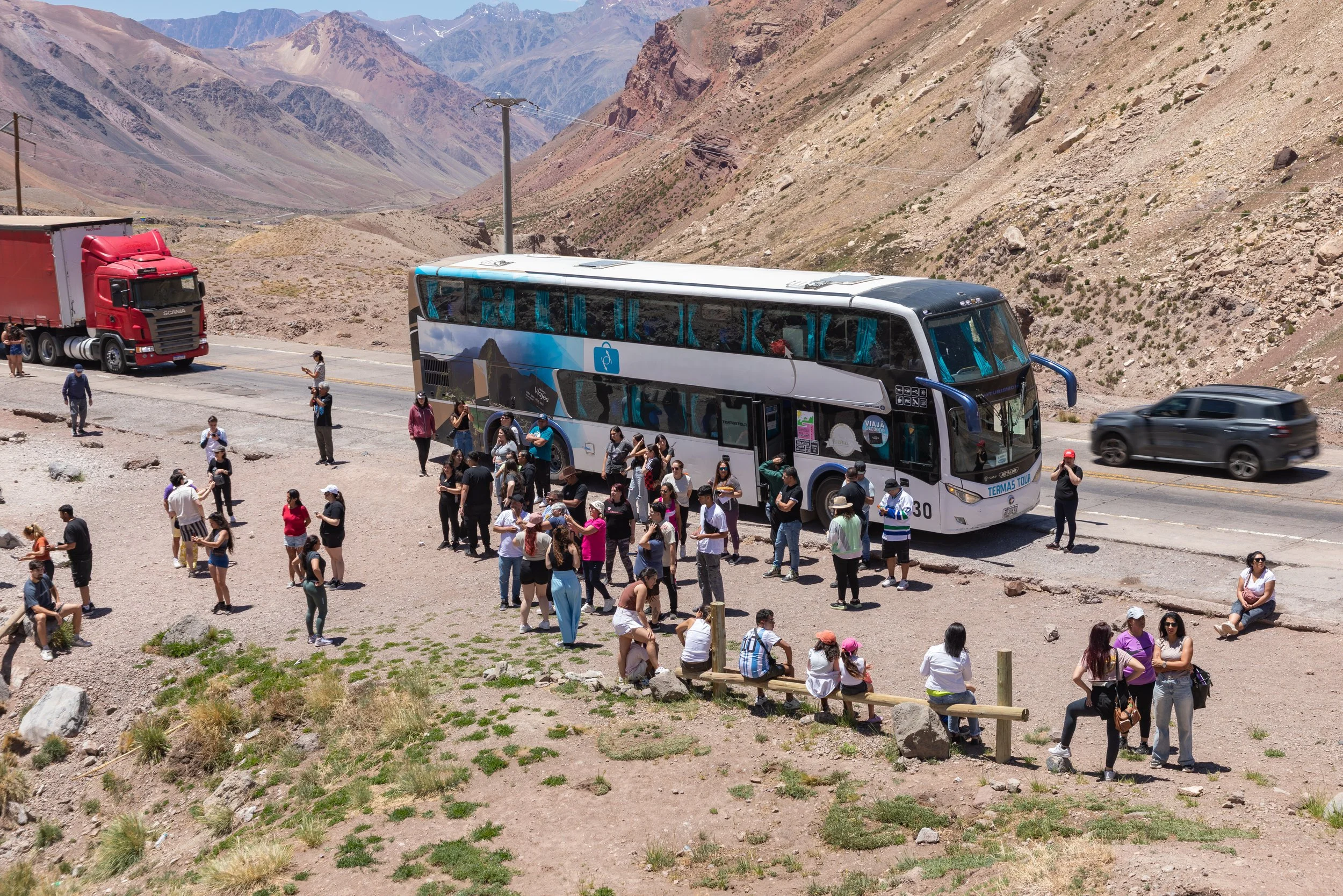  Tour buses stop at a lookout outside the park 