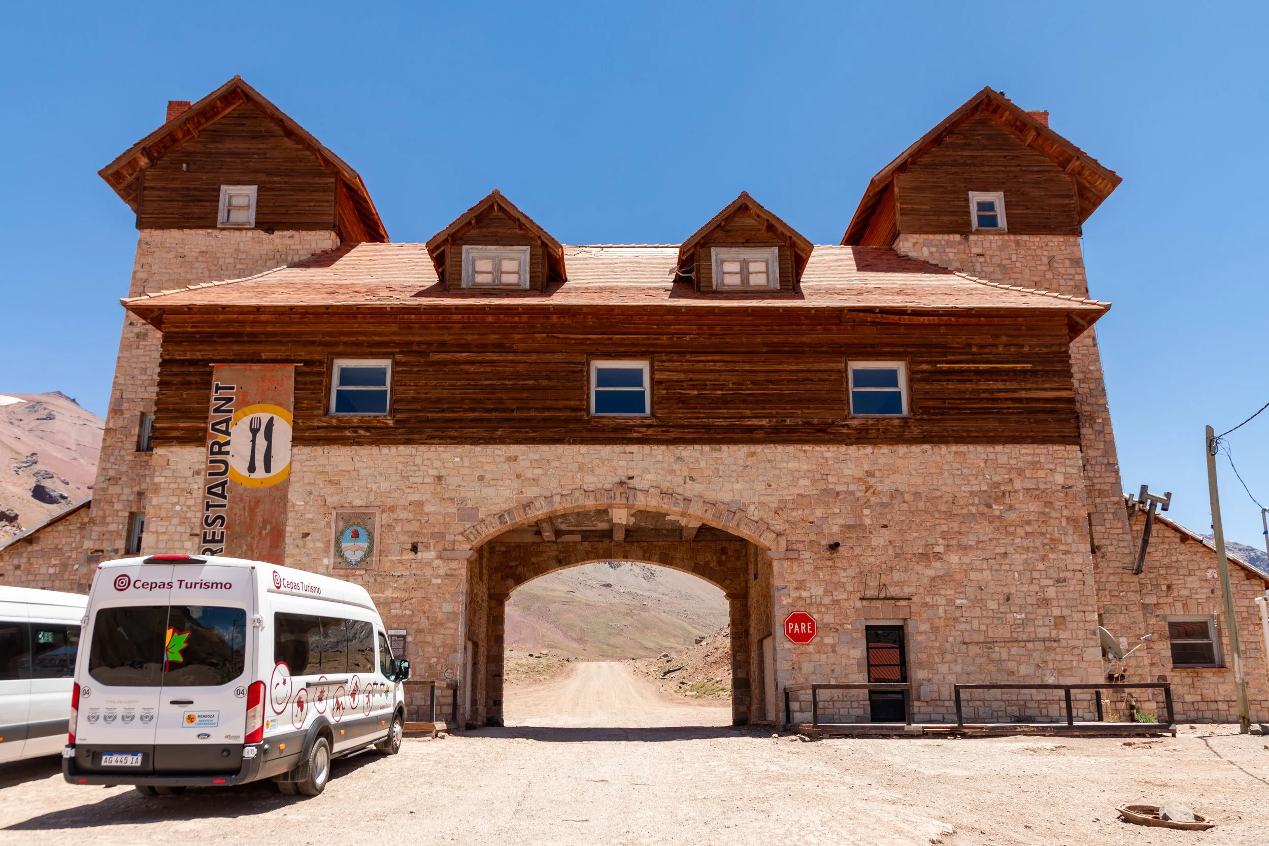  Arco de las Cuevas in Las Cuevas leads to the high mountain route to the Cristo Redentor pass into Chile, a windy, unpaved alternative to the modern highway tunnel 