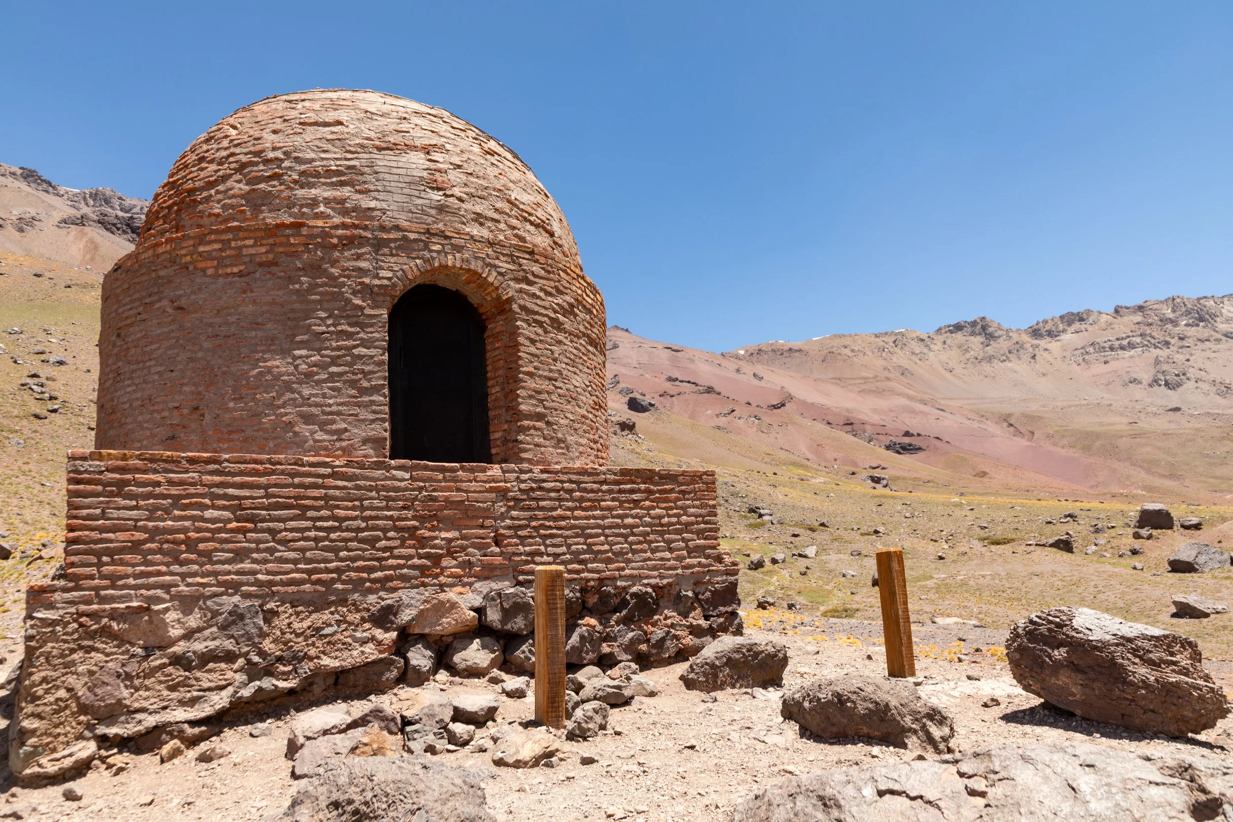  One of a number of Casuchas del Rey, or "King's Huts," a series of historical mountain shelters located in the Andes between Chile and Argentina, constructed in the 17th century to provide refuge for royal couriers who distributed mail across the mo
